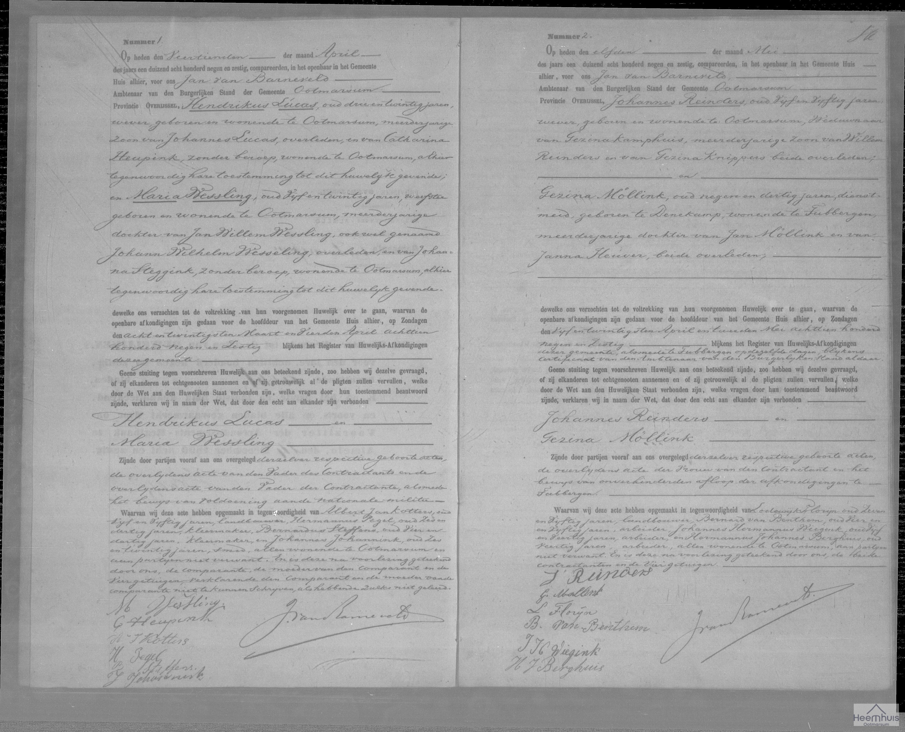 Huwelijksakte van Johannes Reinders en Gezina Möllink