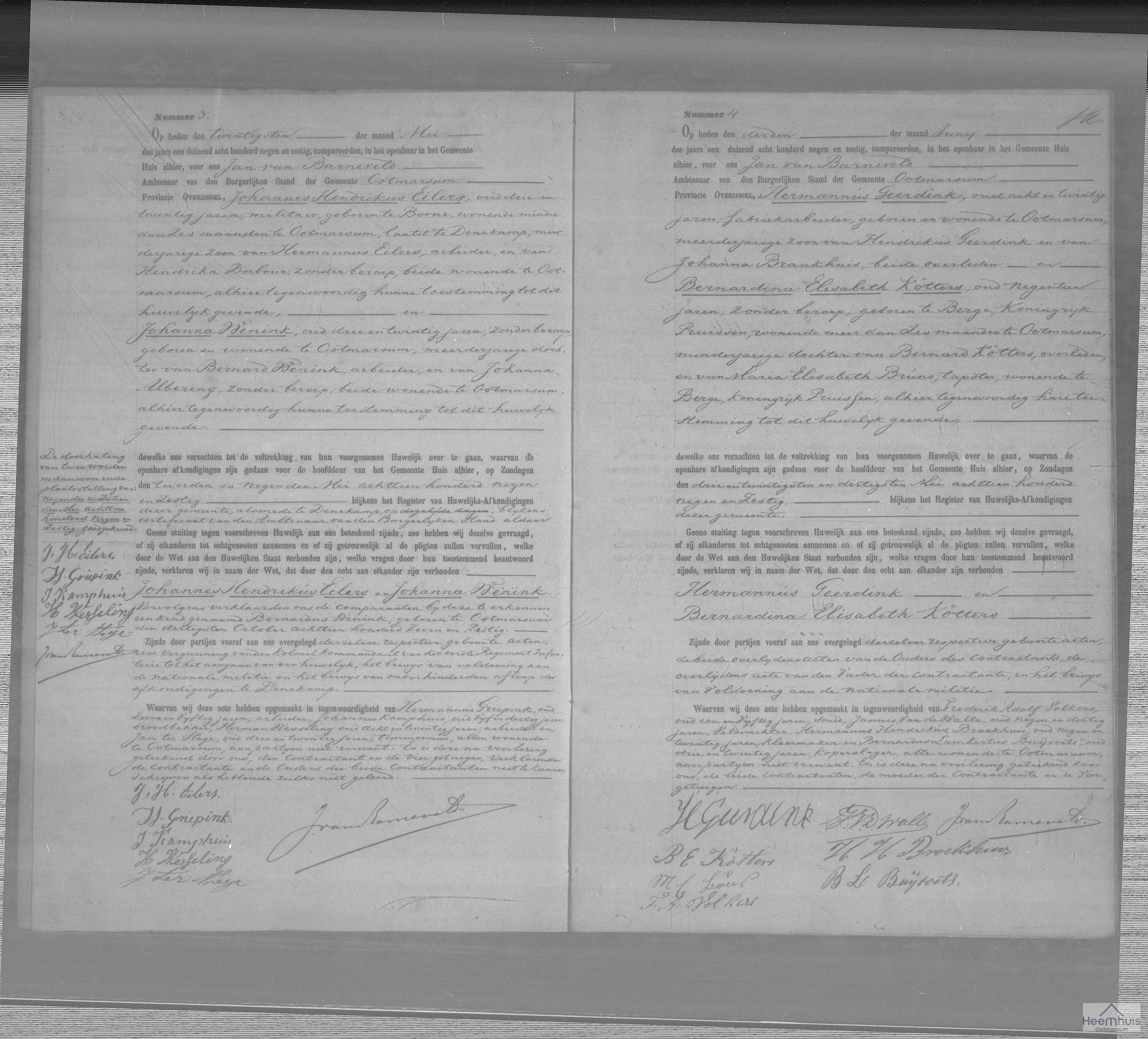 Huwelijksakte van Johannes Hendrikus Eilers en Johanna Wenink