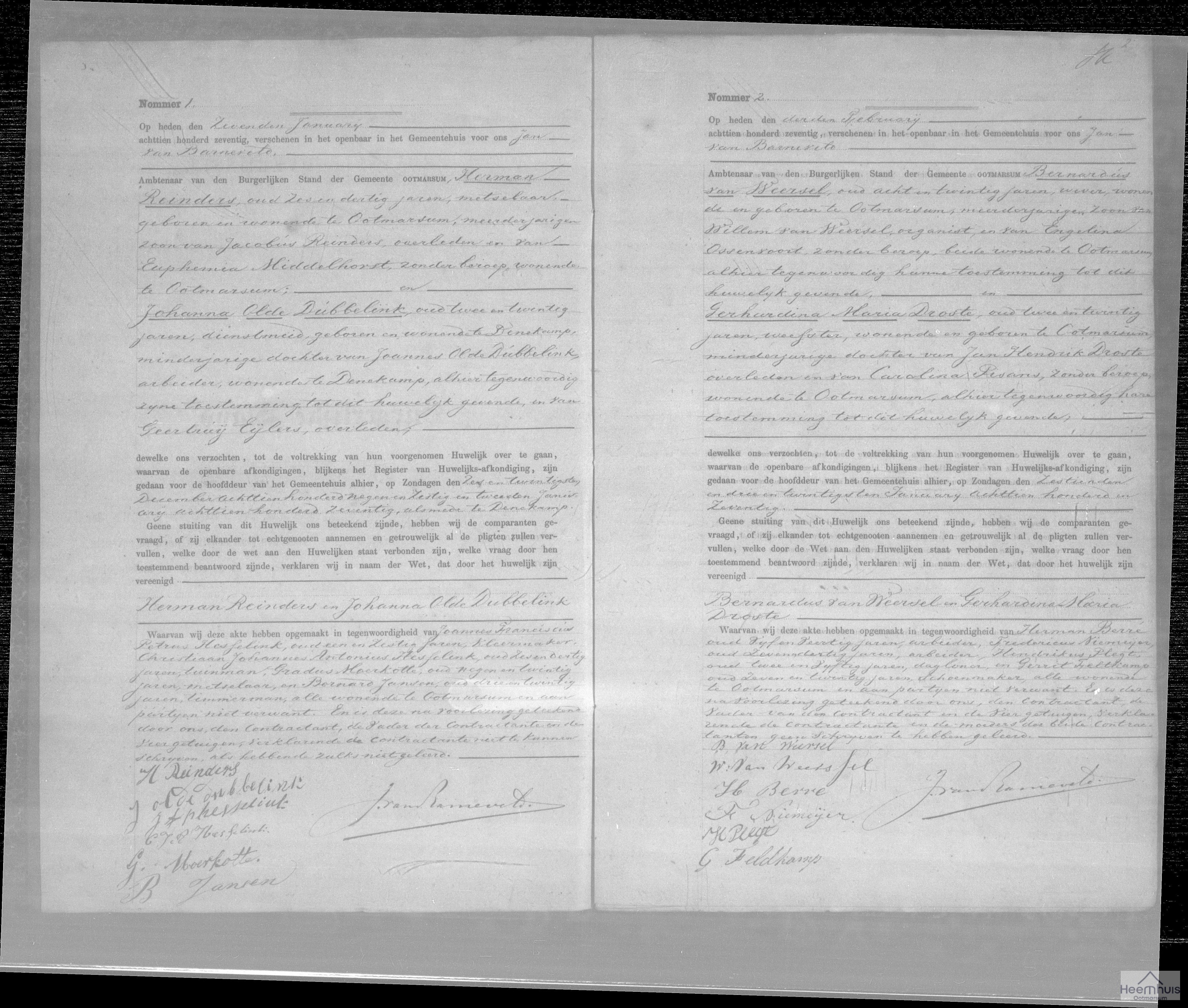 Huwelijksakte van Herman Reinders en Johanna Olde Dubbelink