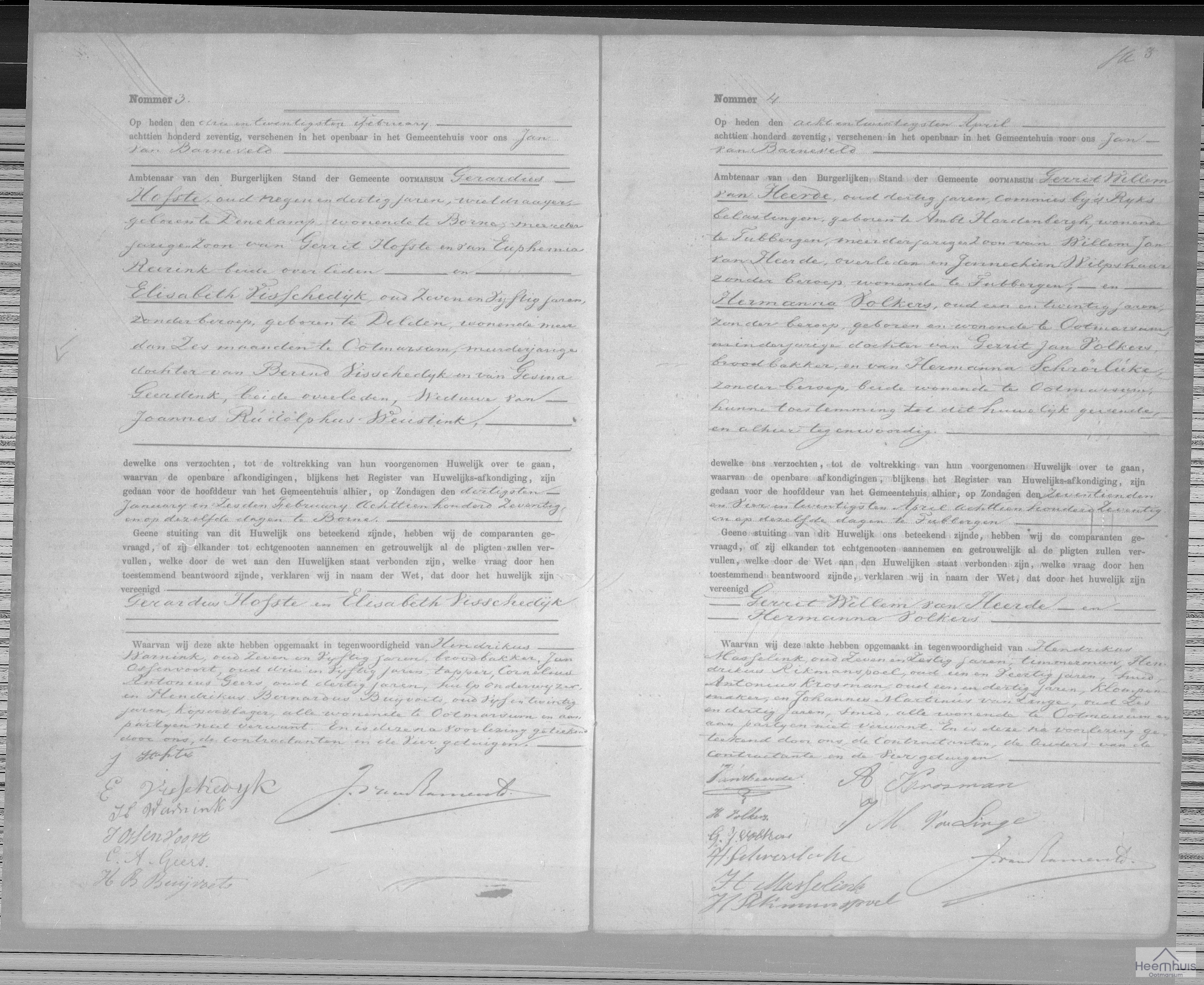 Huwelijksakte van Gerrit Willem van Heerde en Hermanna Volkers