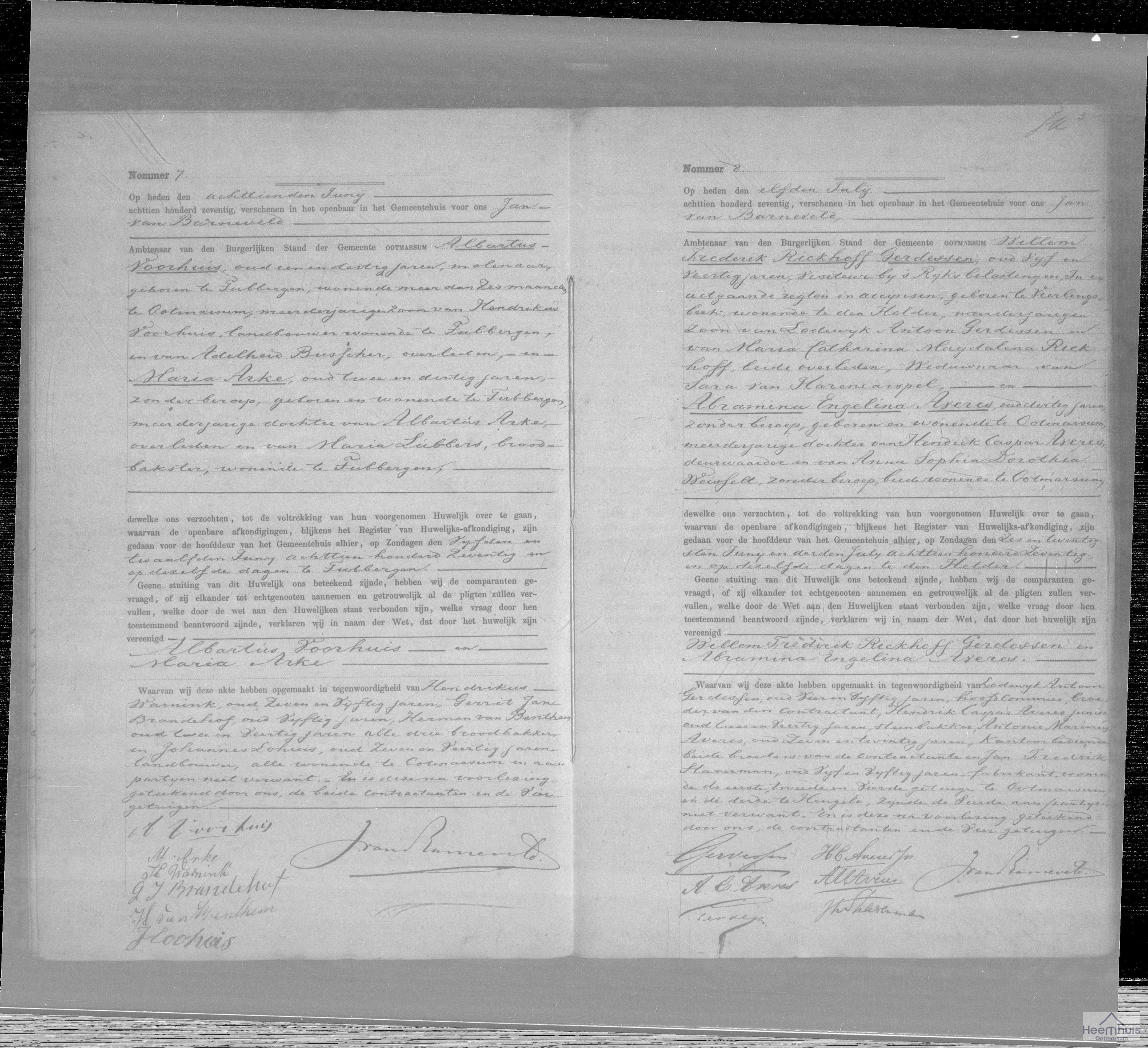 Huwelijksakte van Albartus Voorhuis en Maria Arke