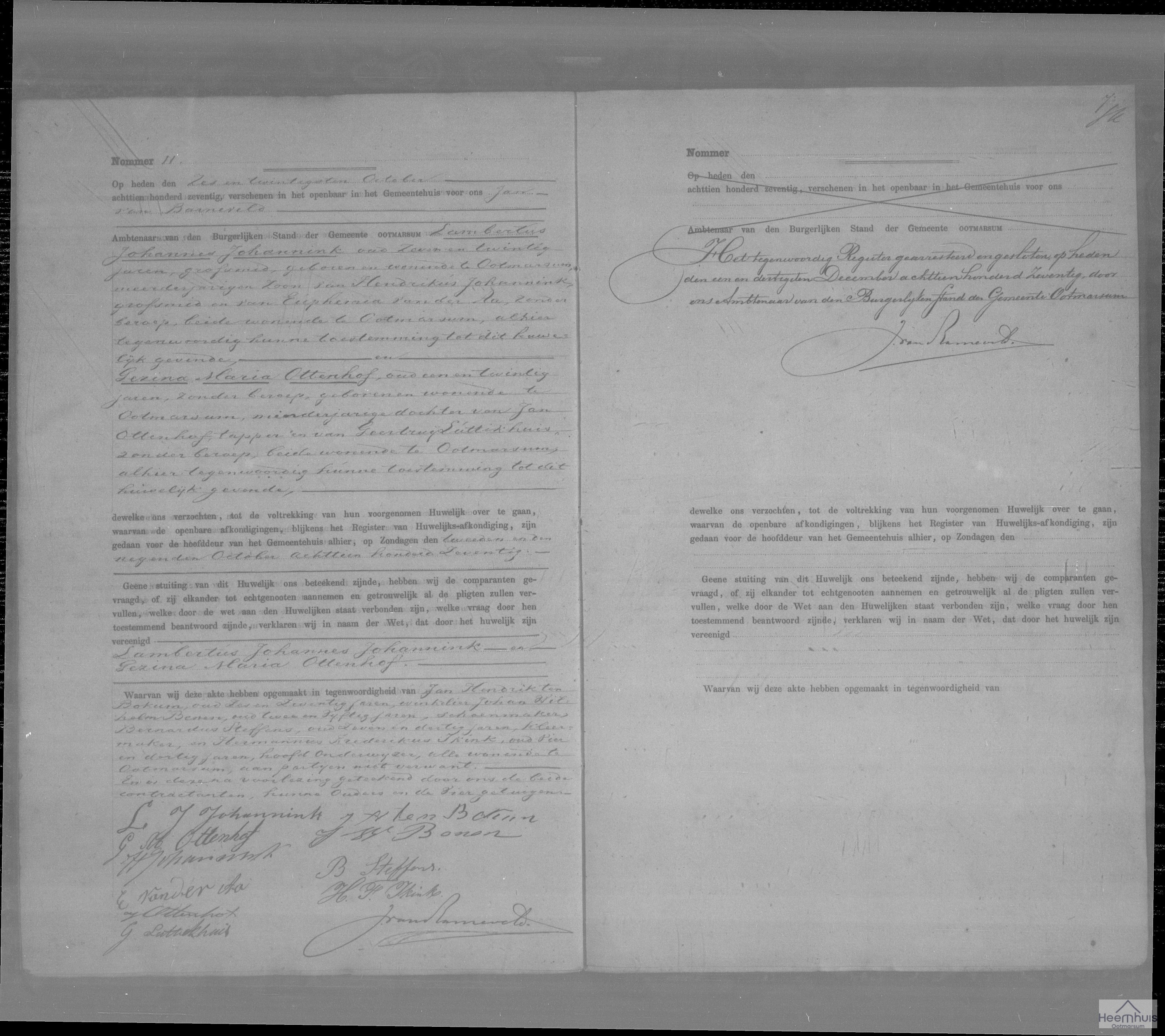 Huwelijksakte van Lambertus Johannes Johannink en Gezina Maria Ottenhof