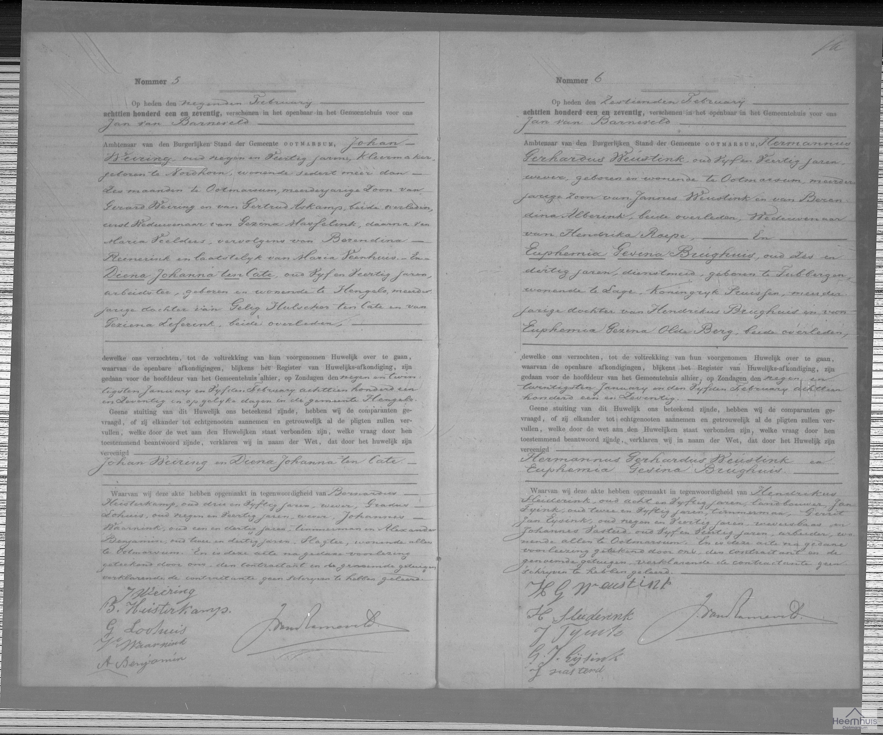 Huwelijksakte van Hermannus Gerhardus Weustink en Euphemia Gesina Brughuis
