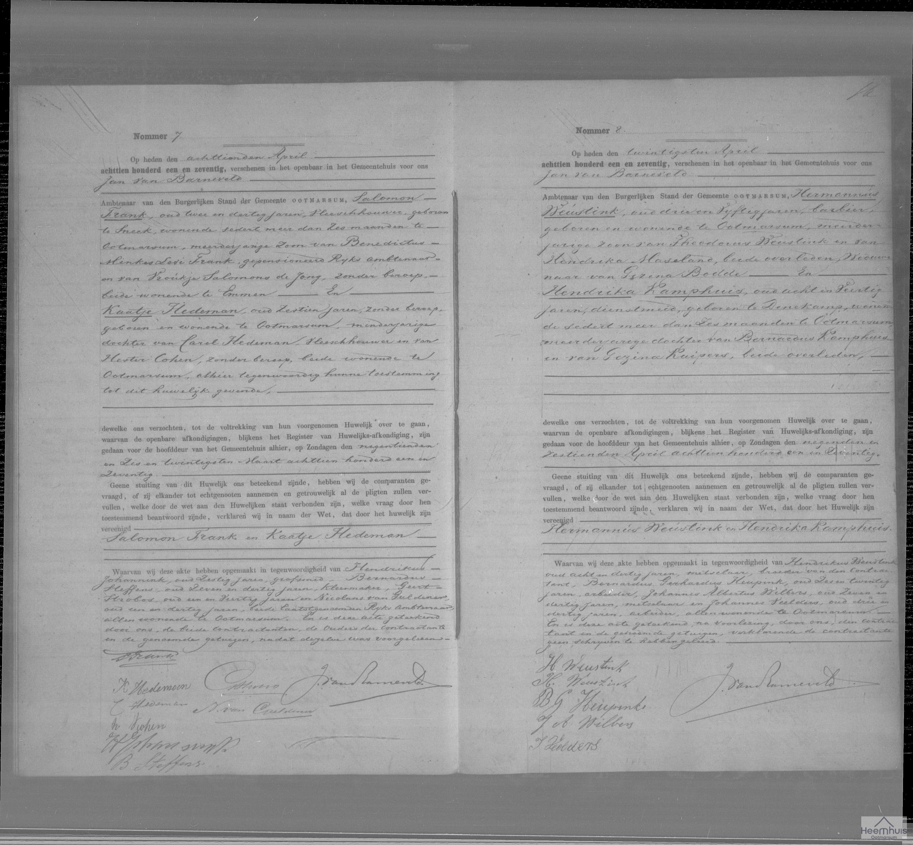 Huwelijksakte van Hermannus Weustink en Hendrika Kamphuis