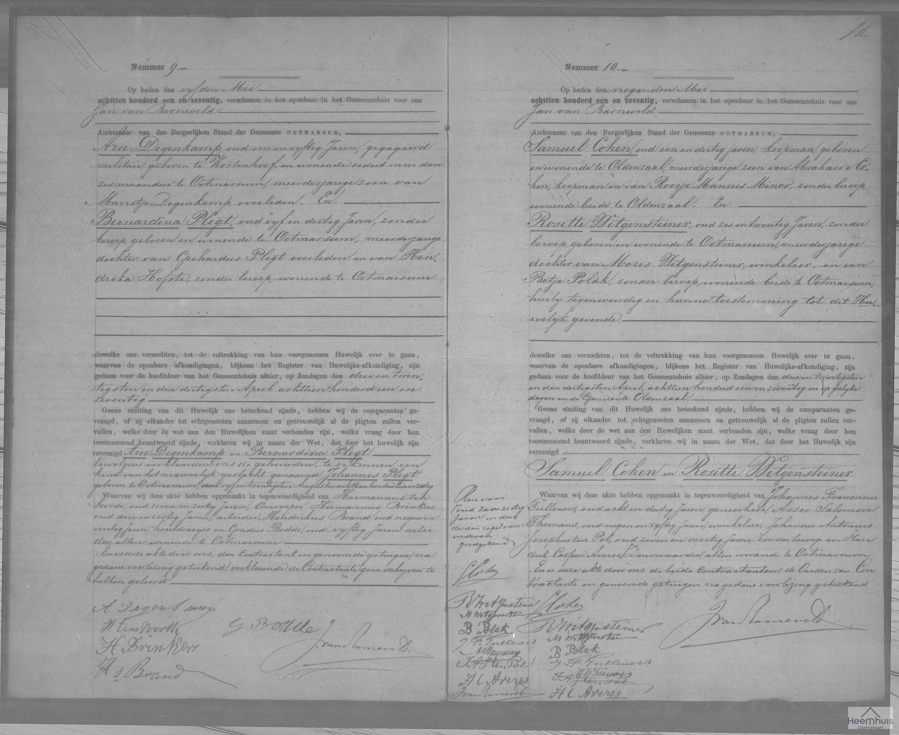 Huwelijksakte van Samuel Cohen en Rosette Witgensteiner Huwelijksakte van Samuel Cohen en Rosette Witgensteiner