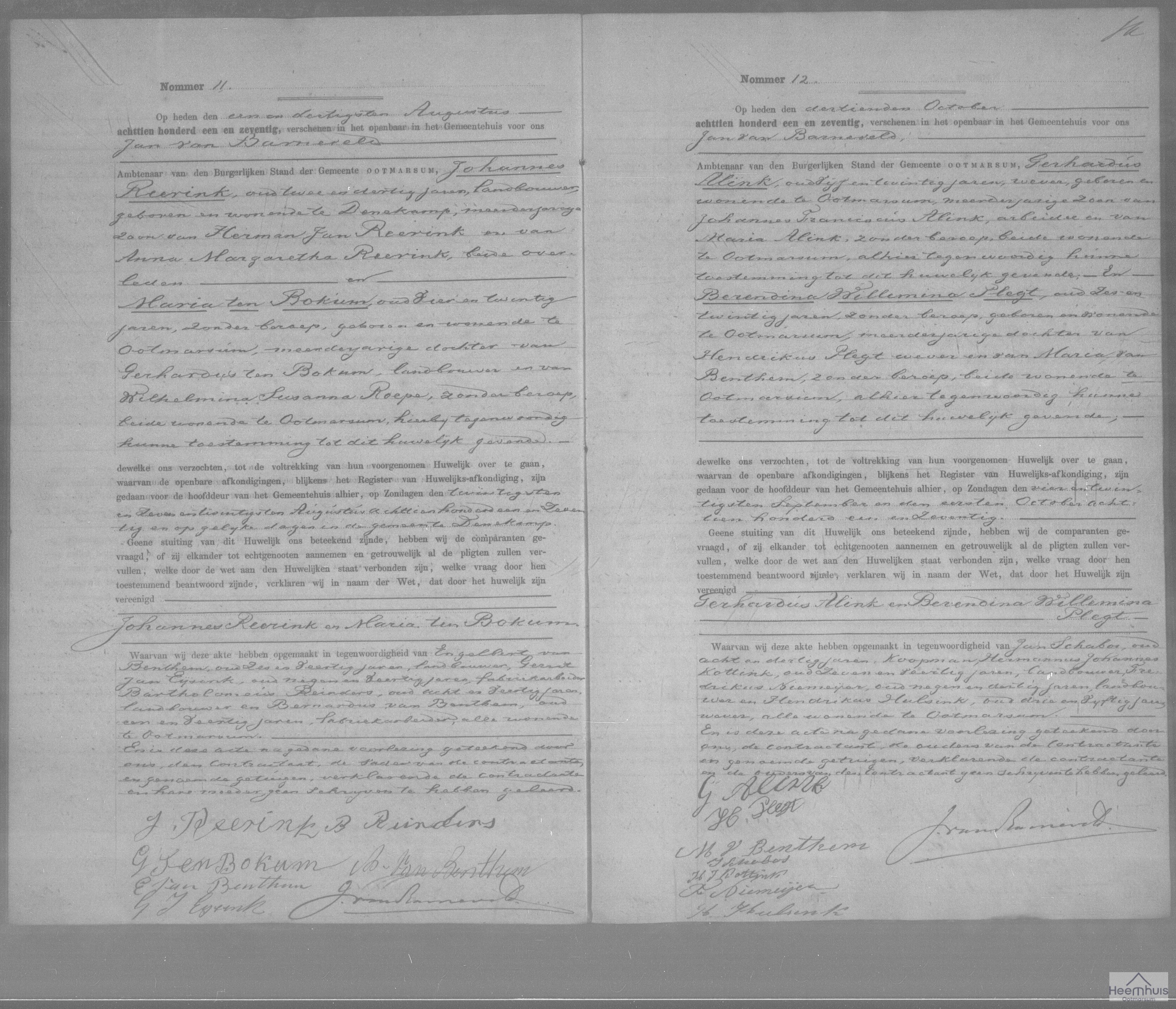 Huwelijksakte van Gerhardus Alink en Berendina Willemina Plegt