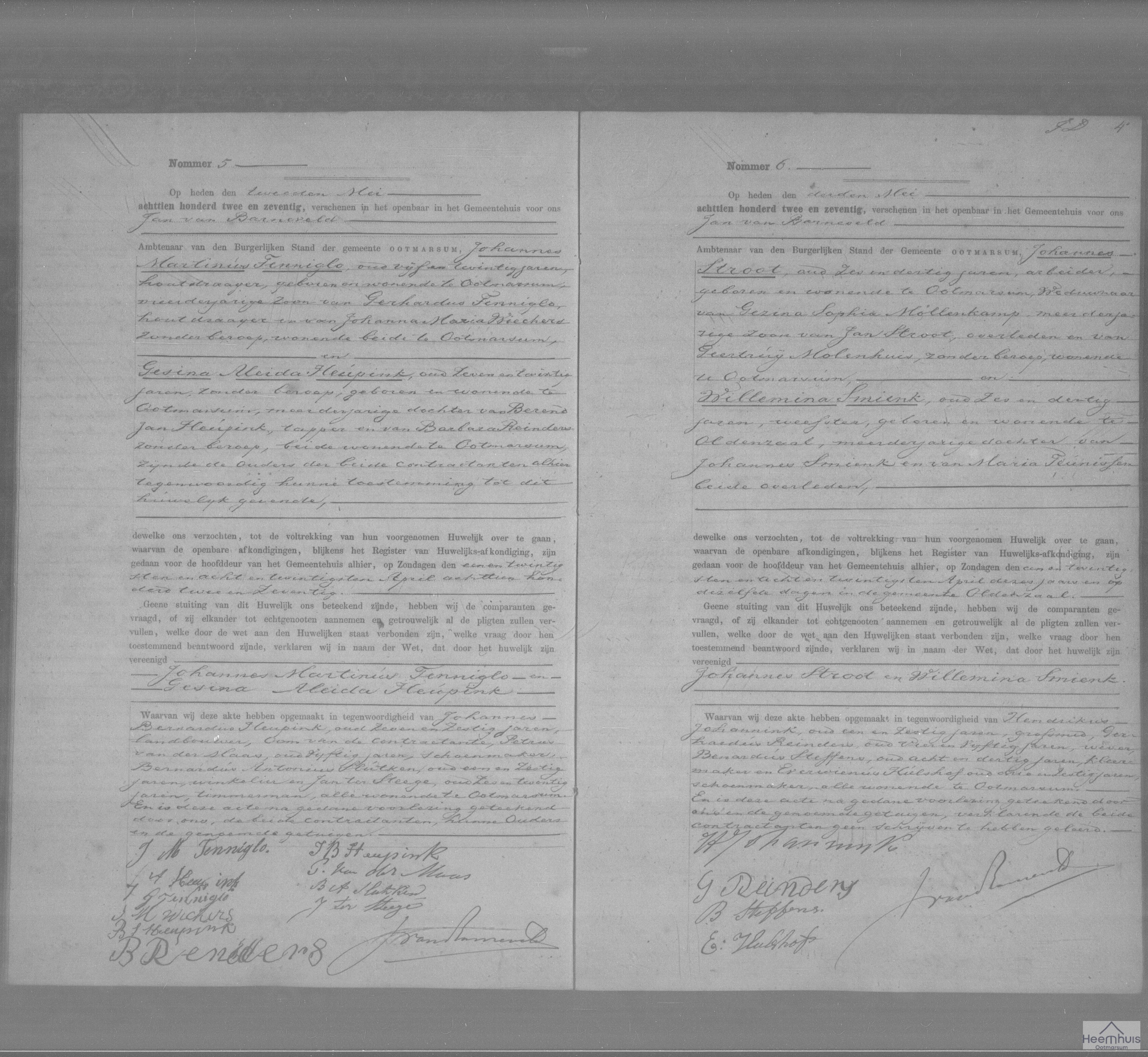 Huwelijksakte van Johannes Martinus Tenniglo en Gesina Aleida Heupink