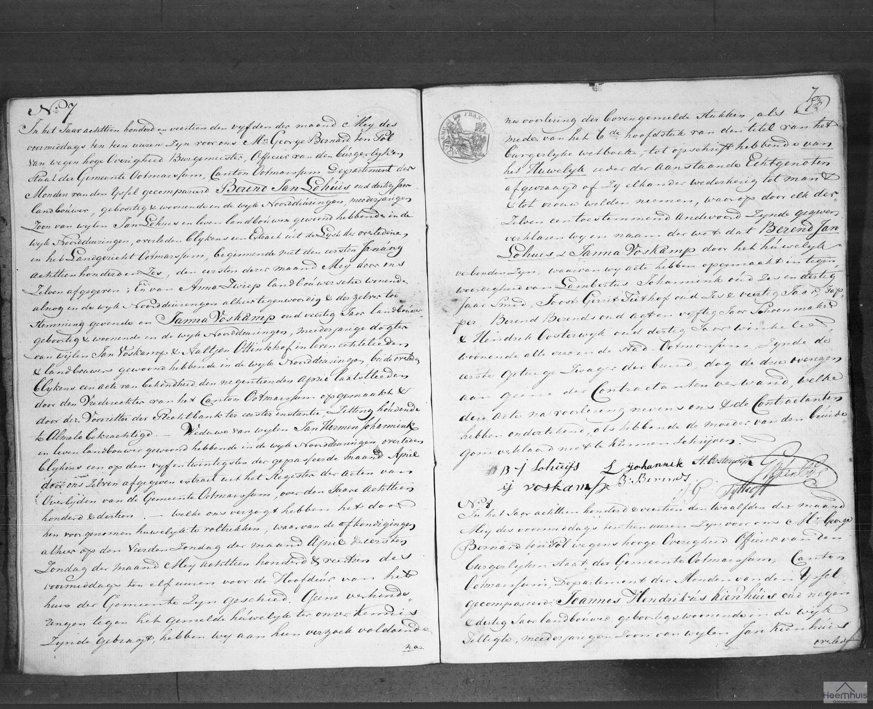 Huwelijksakte van Joannes Hendrikus Kienhuis en Anna Veldscholten