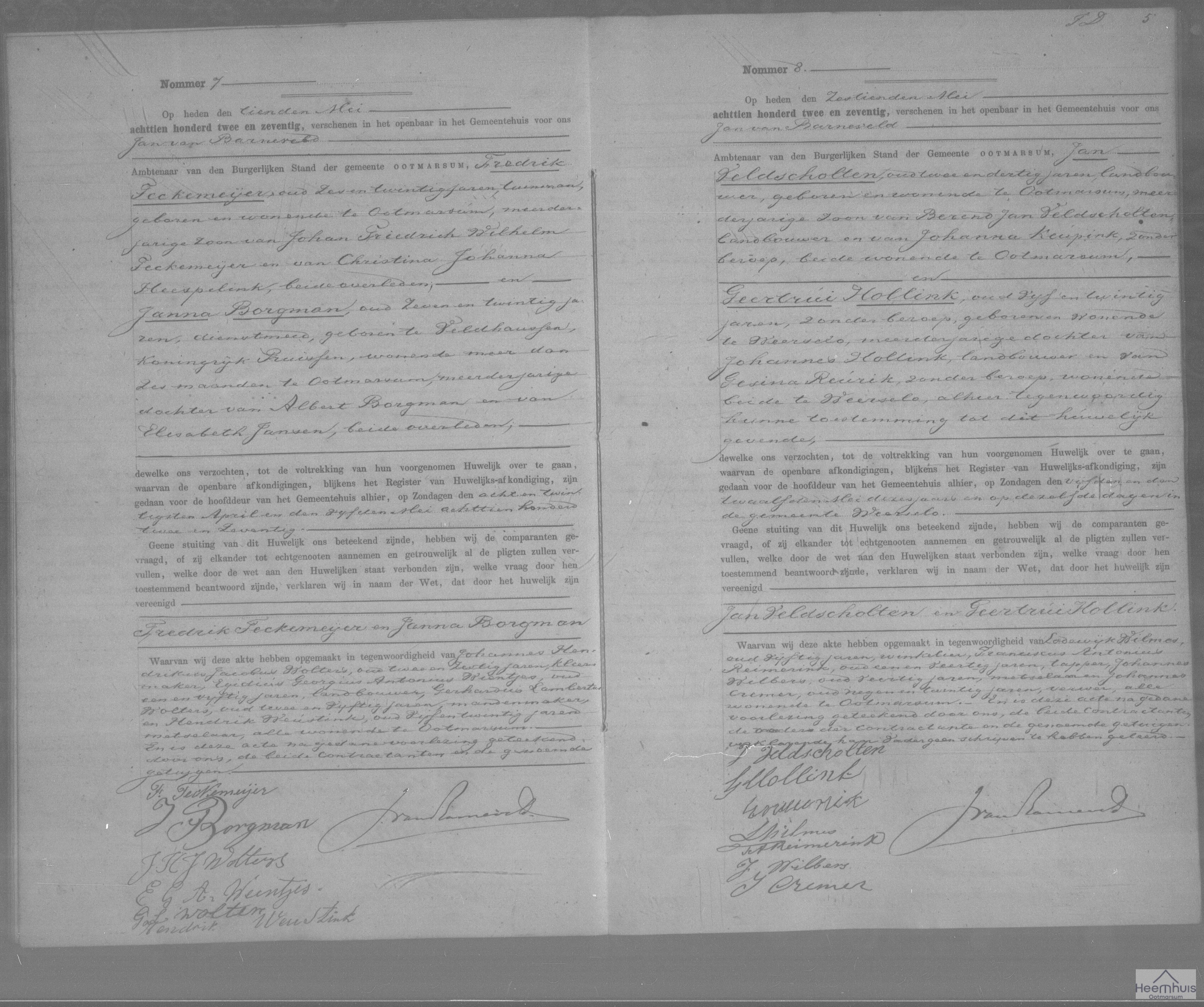 Huwelijksakte van Fredrik Teckemeijer en Janna Borgman