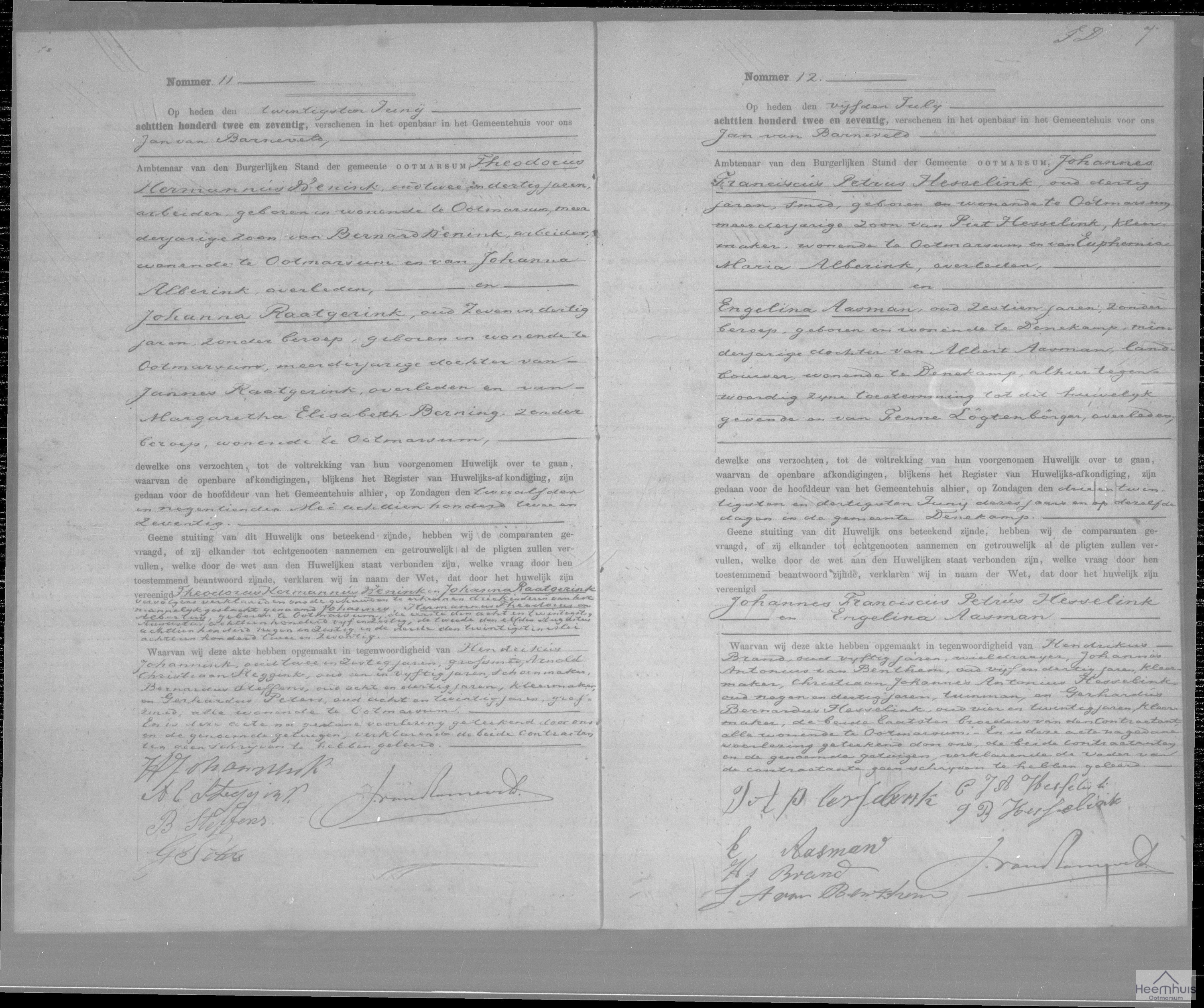 Huwelijksakte van Johannes Franciscus Petrus Hesselink en Engelina Aasman Huwelijksakte van Johannes Franciscus Petrus Hesselink en Engelina Aasman