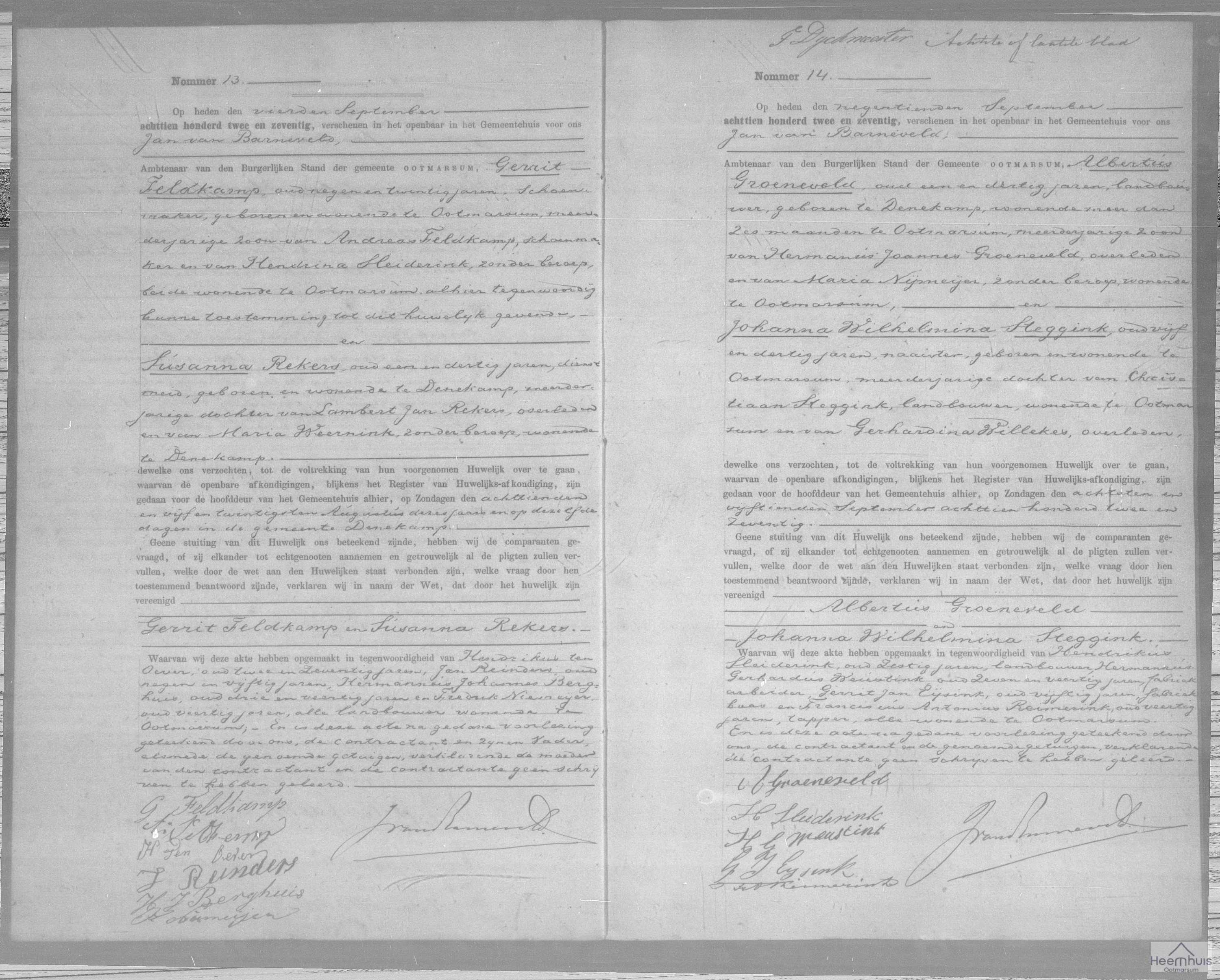 Huwelijksakte van Albertus Groeneveld en Johanna Wilhelmina Steggink