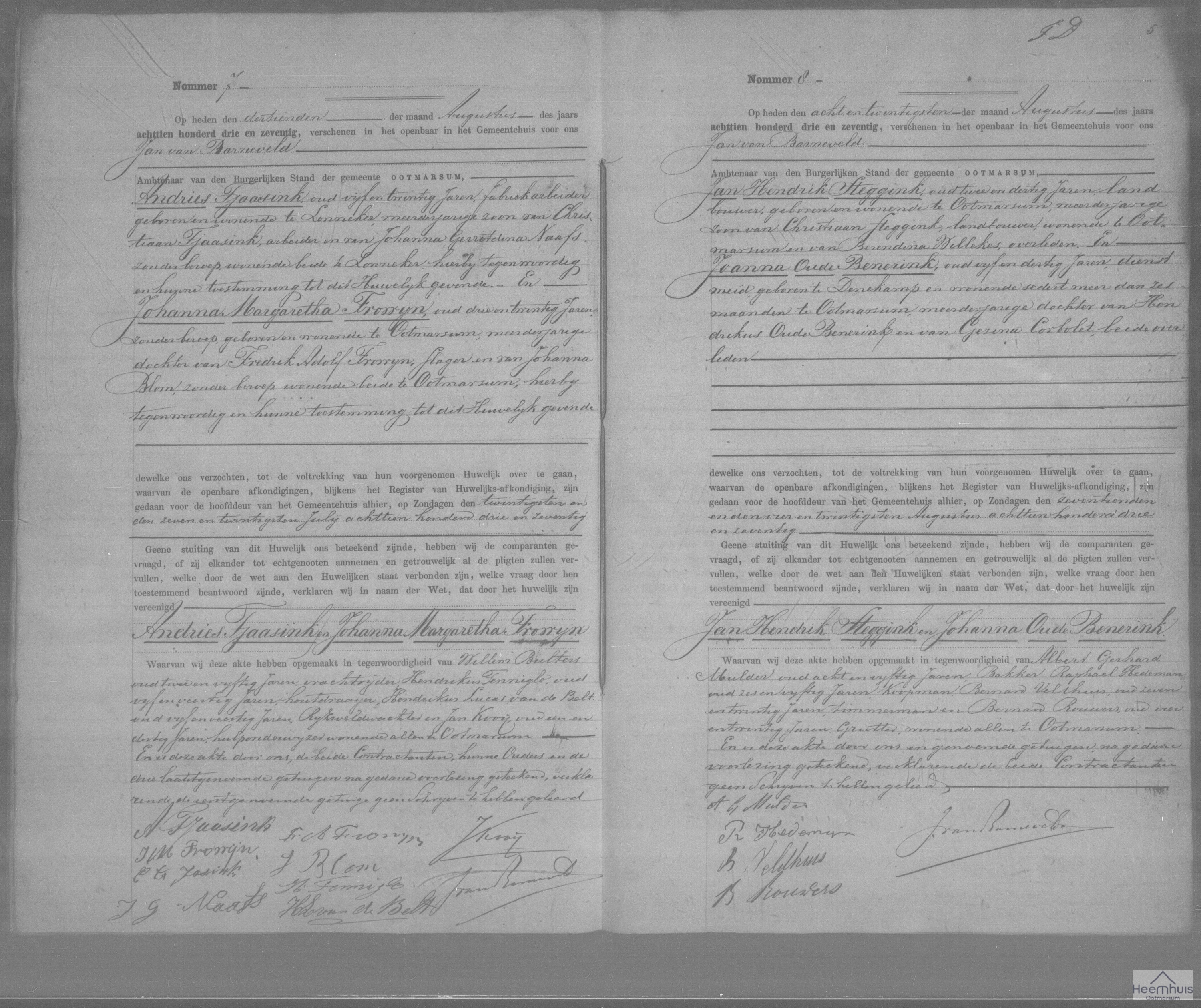 Huwelijksakte van Andries Tjaasink en Johanna Margaretha Frowijn Huwelijksakte van Andries Tjaasink en Johanna Margaretha Frowijn