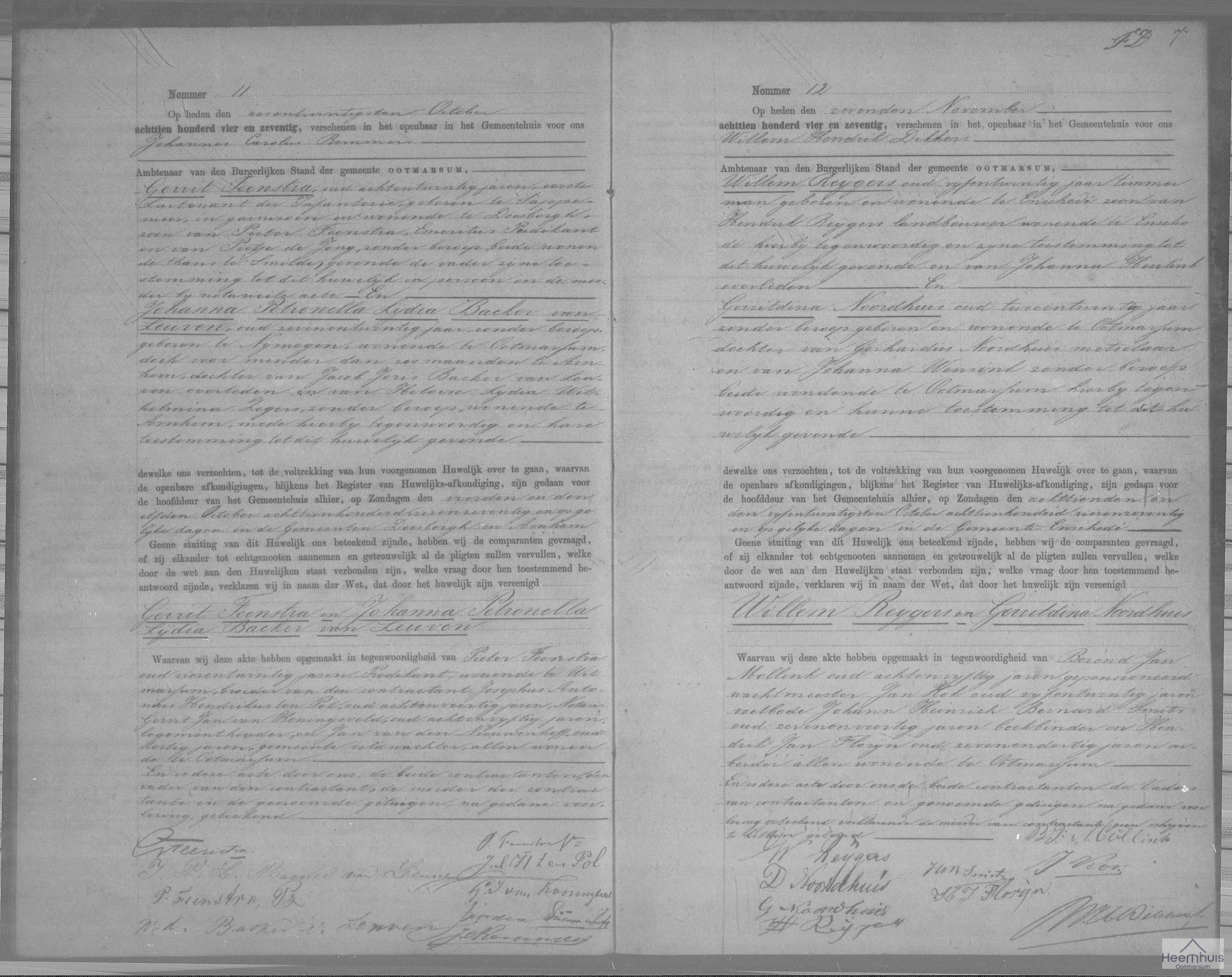 Huwelijksakte van Willem Reijgers en Gerritdina Noordhuis