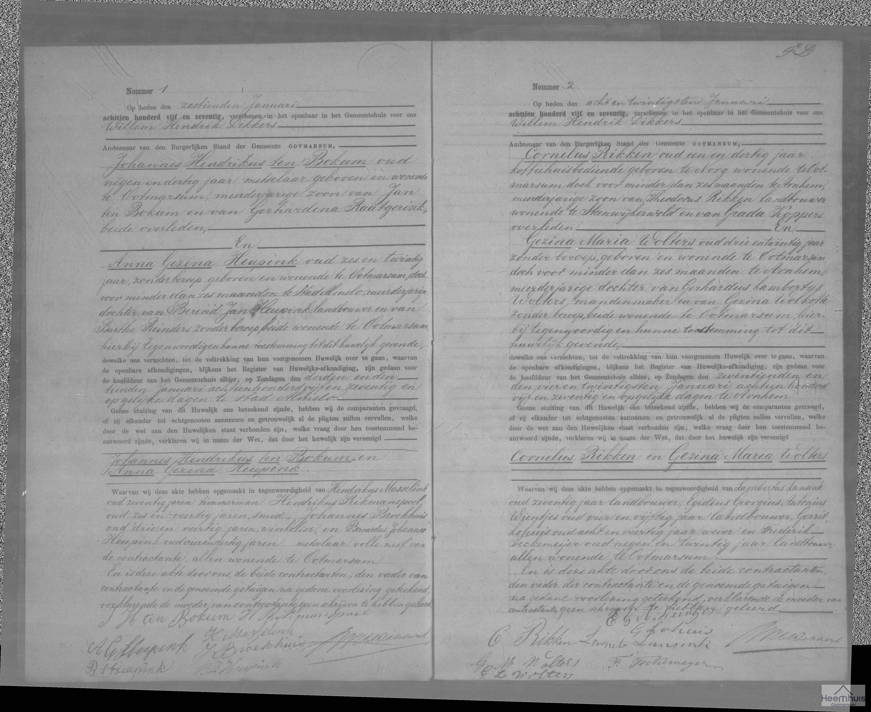 Huwelijksakte van Johannes Hendrikus ten Bokum en Anna Gezina Heupink Huwelijksakte van Johannes Hendrikus ten Bokum en Anna Gezina Heupink