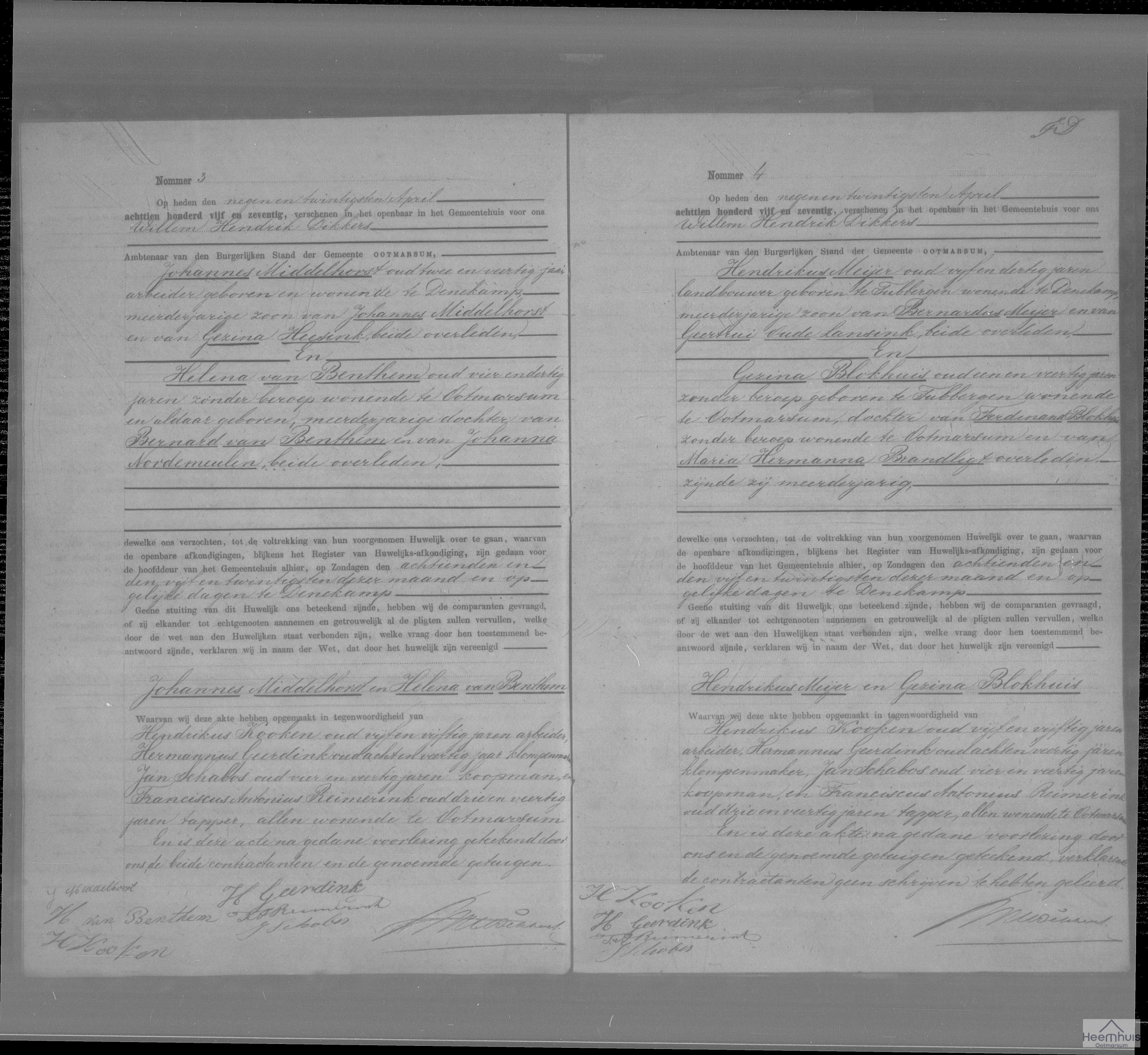 Huwelijksakte van Hendrikus Meijer en Gezina Blokhuis