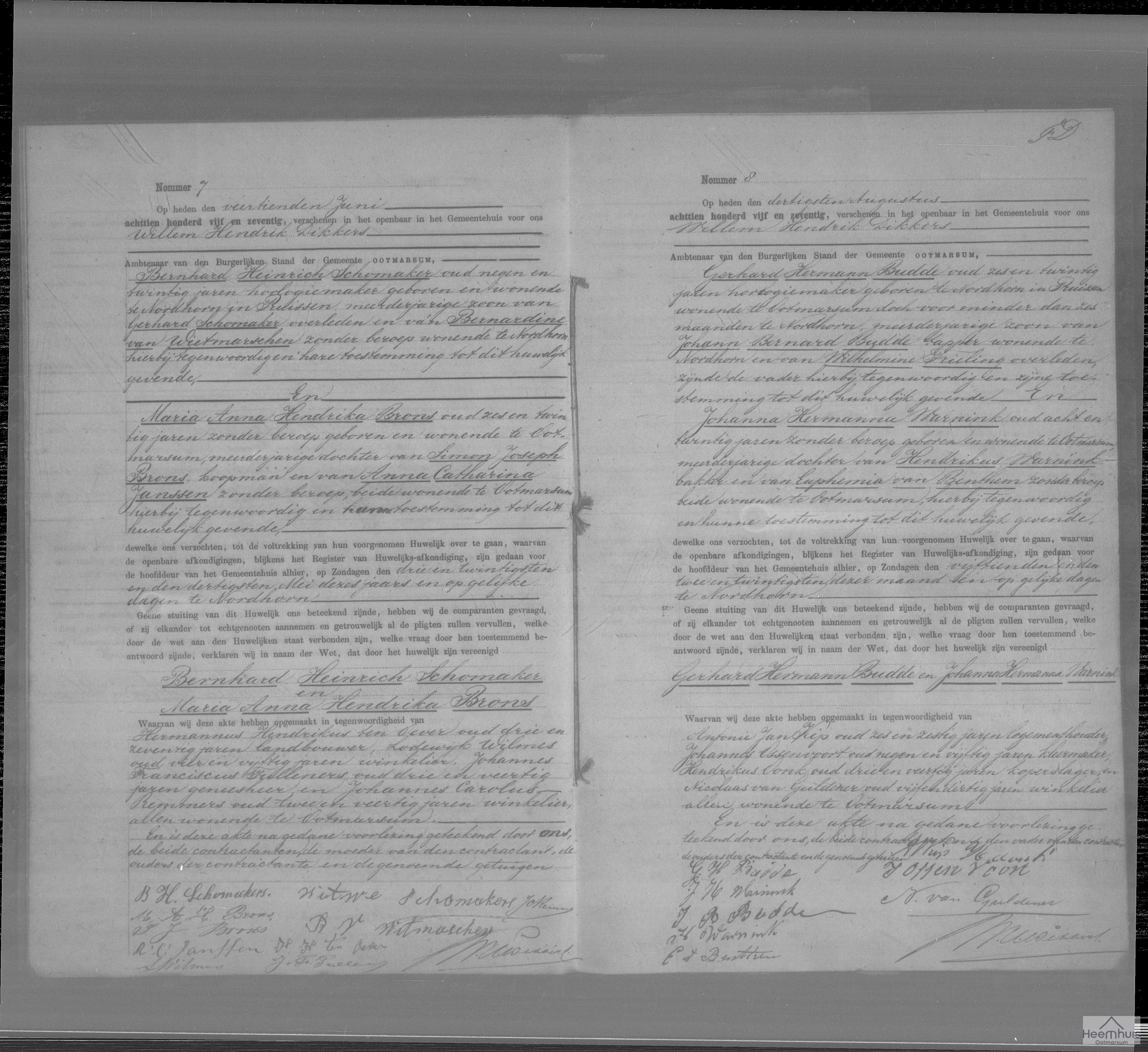 Huwelijksakte van Bernhard Heinrich Schomaker en Maria Anna Hendrika Brons