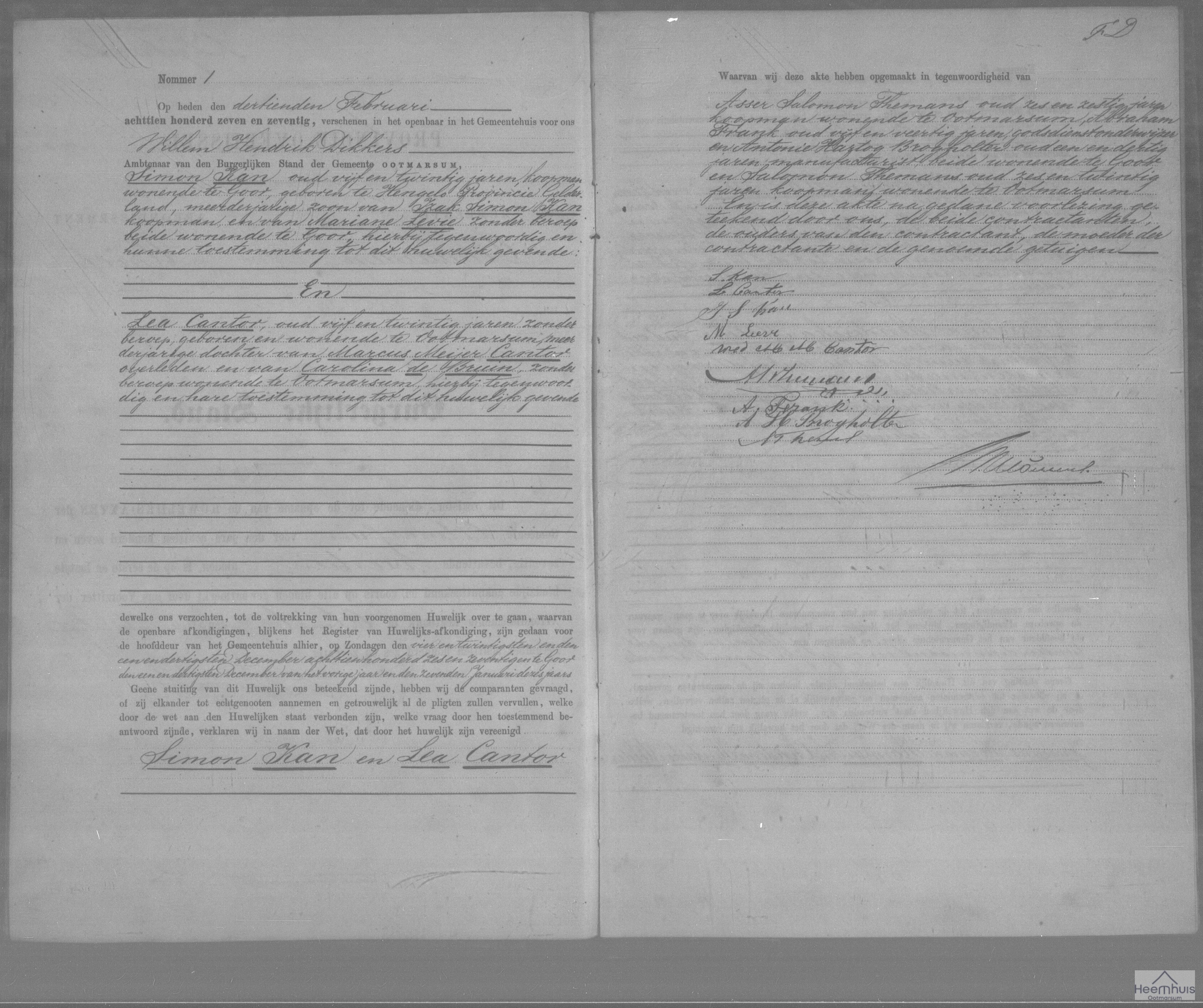 Huwelijksakte van Simon Kan en Lea Cantor