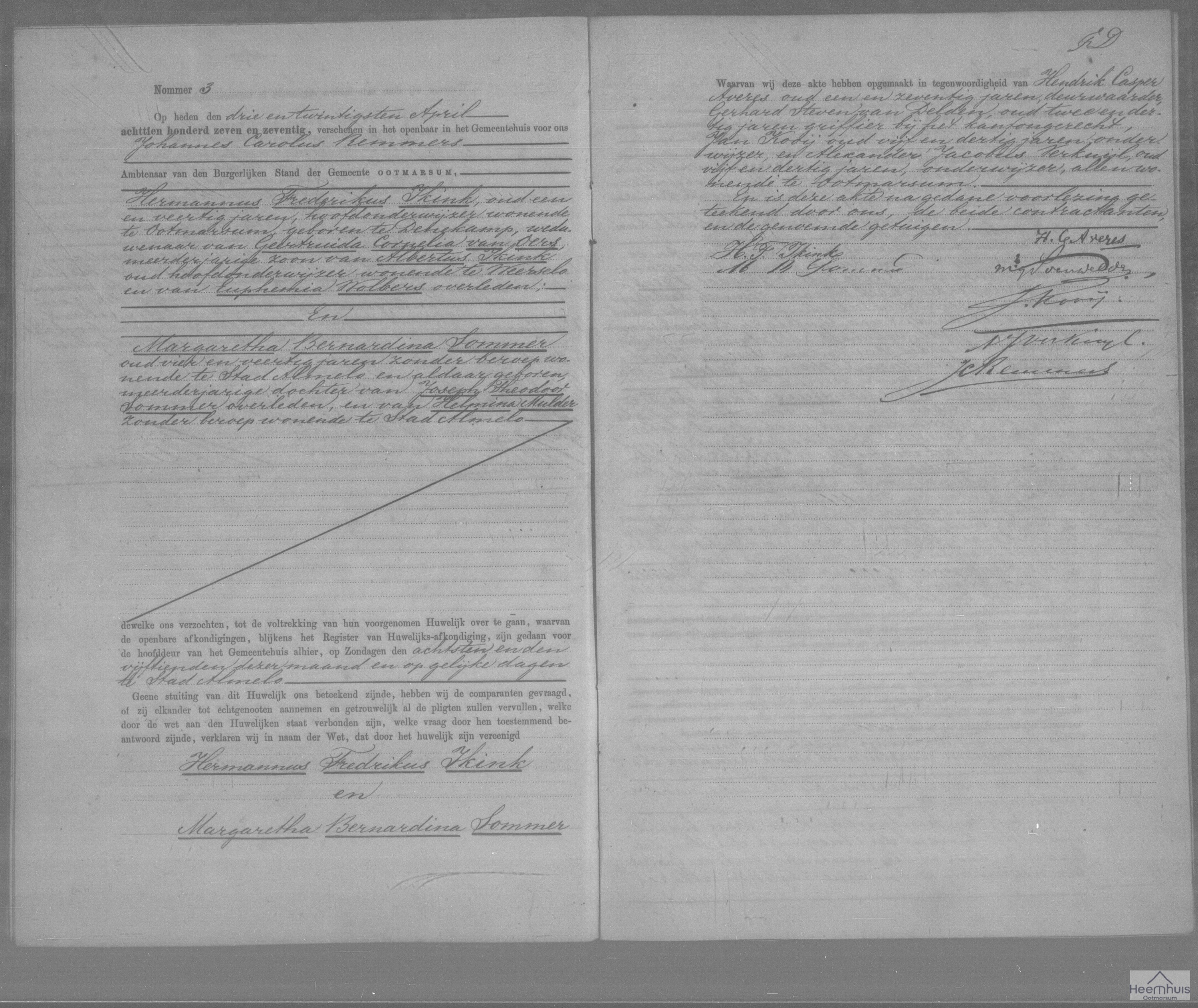 Huwelijksakte van Hermannus Frederikus Ikink en Margaretha Bernardina Sommer
