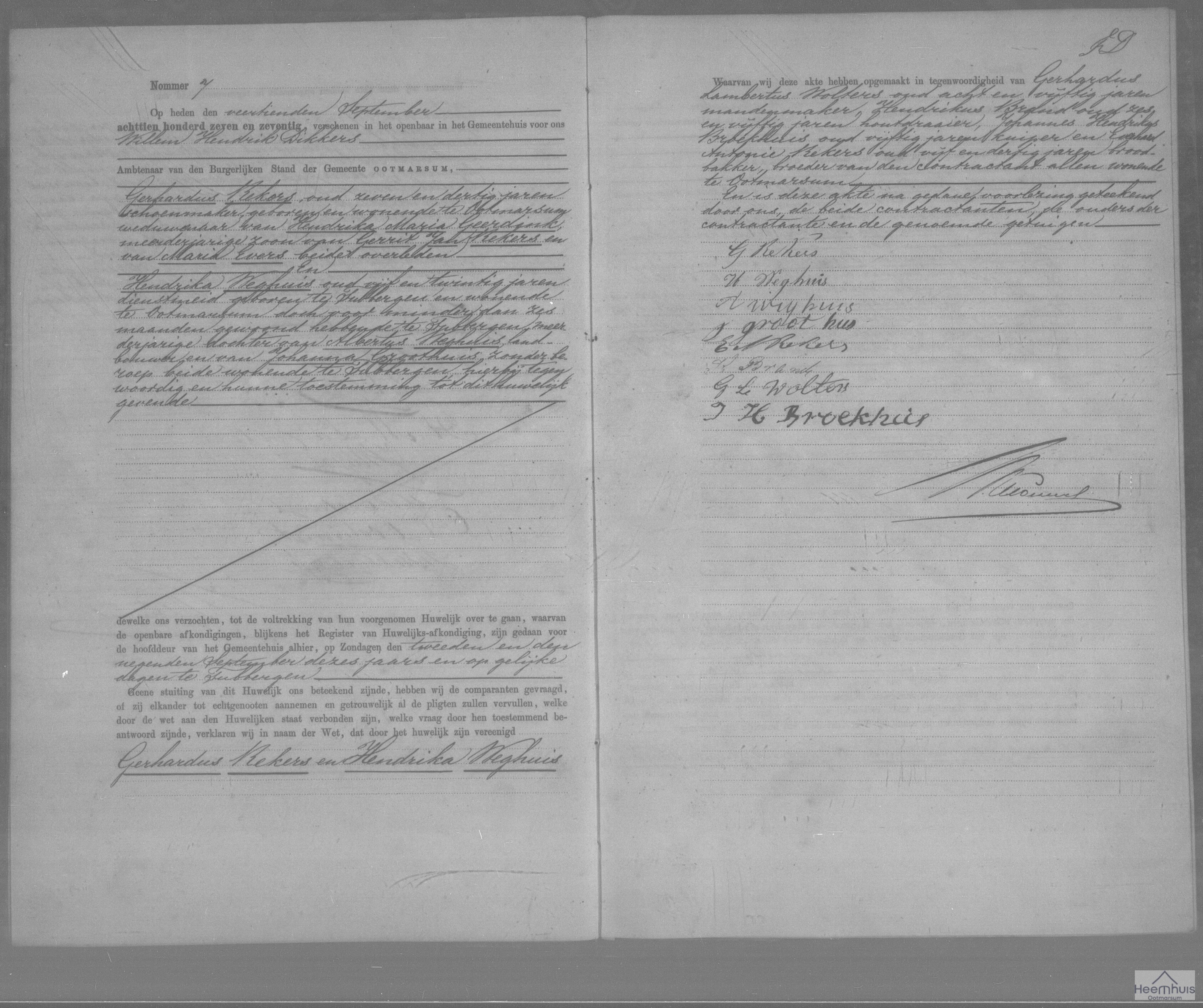 Huwelijksakte van Gerhardus Rekers en Hendrika Weghuis