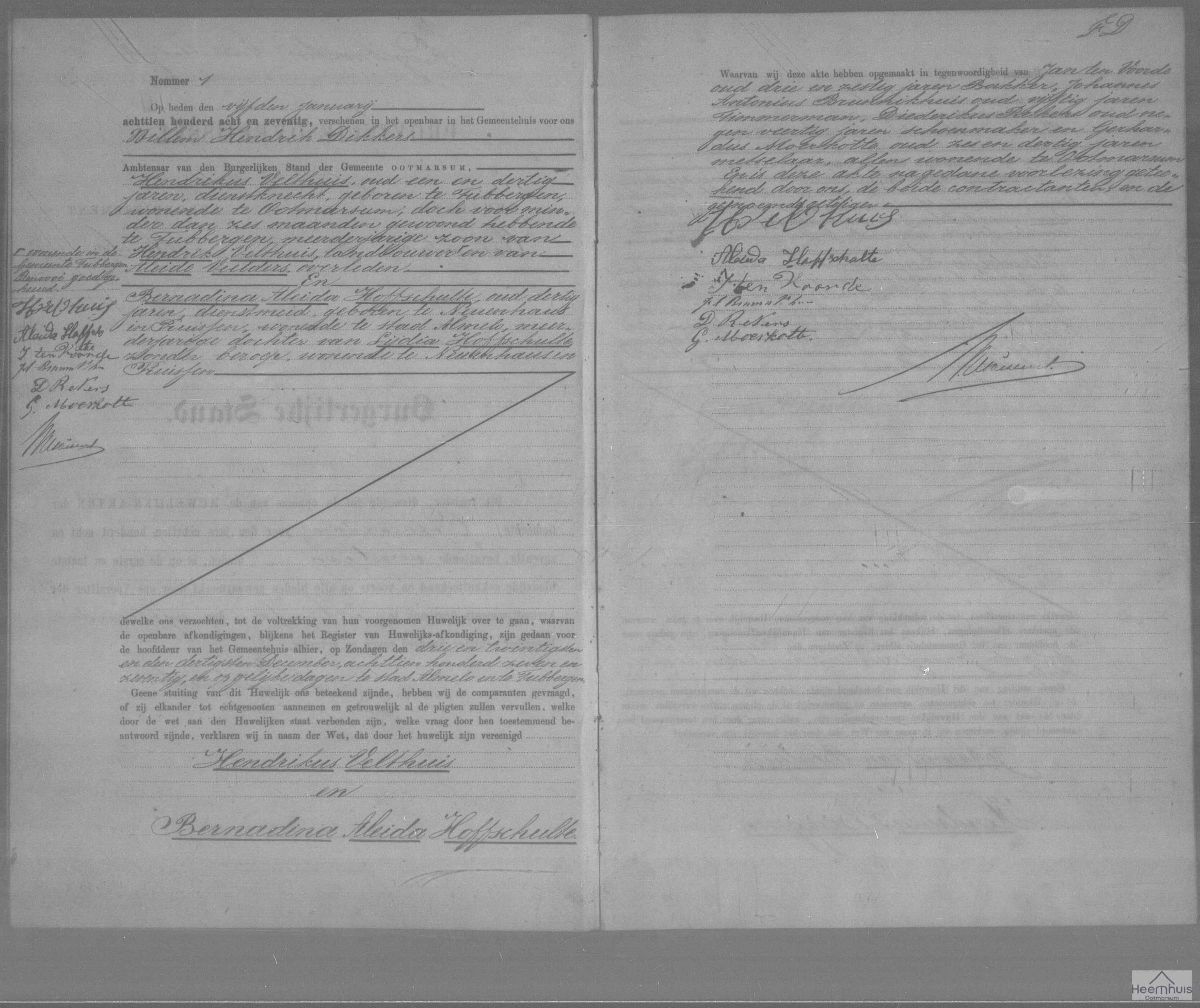 Huwelijksakte van Hendrikus Velthuis en Bernadina Aleida Hoffschulte