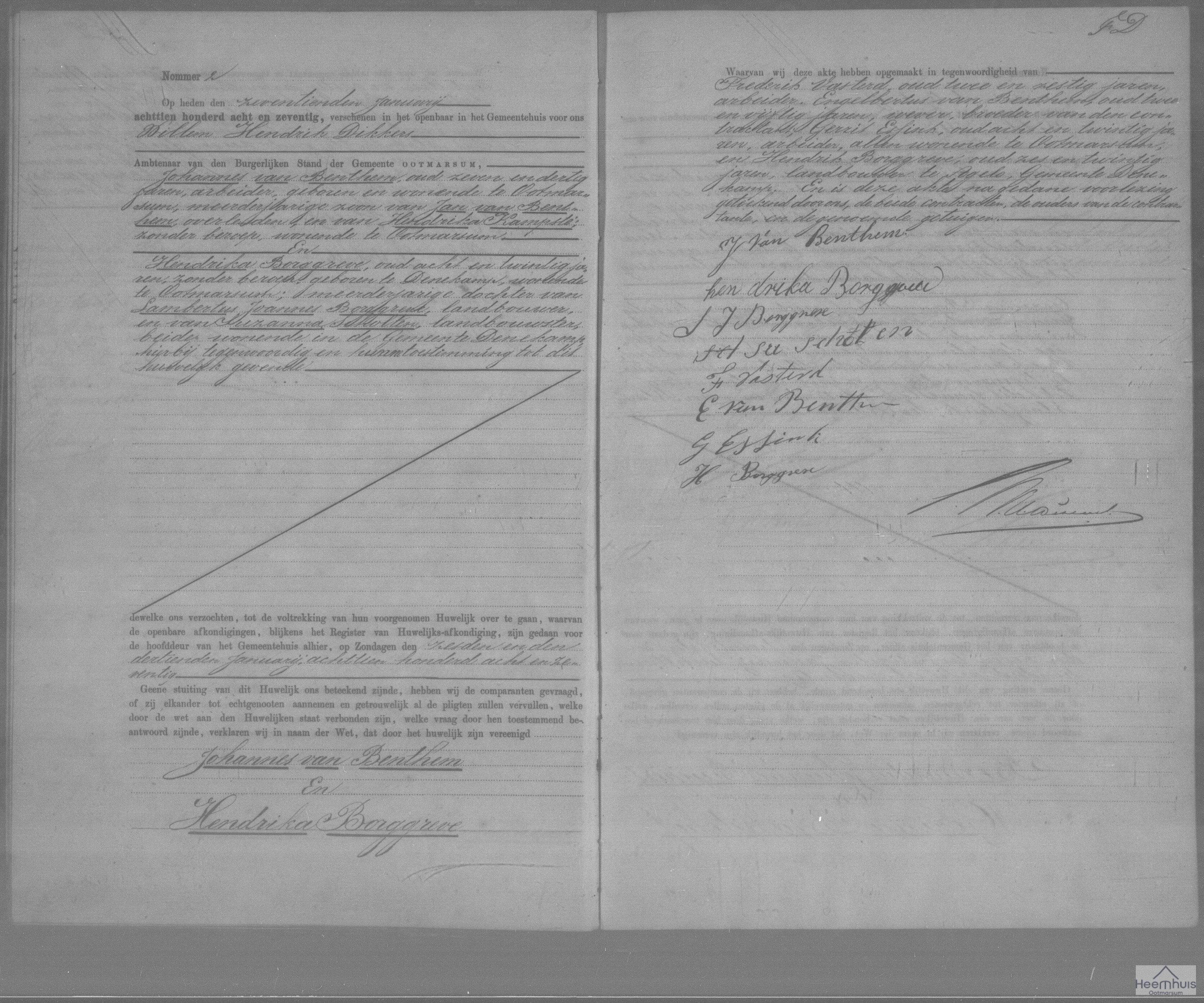 Huwelijksakte van Johannes van Benthem en Hendrika Borggreve