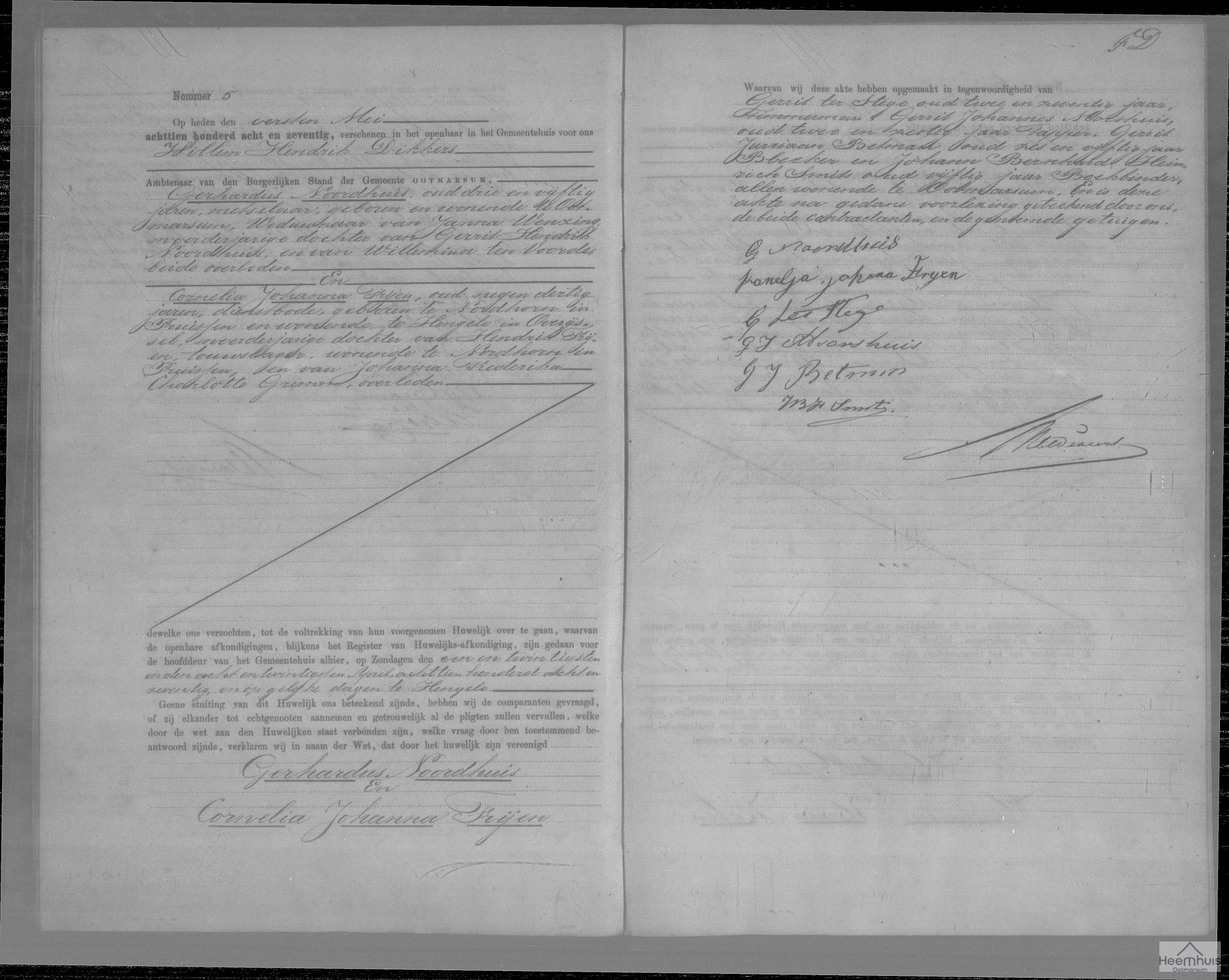 Huwelijksakte van Gerhardus Noordhuis en Cornelia Johanna Frijen Huwelijksakte van Gerhardus Noordhuis en Cornelia Johanna Frijen