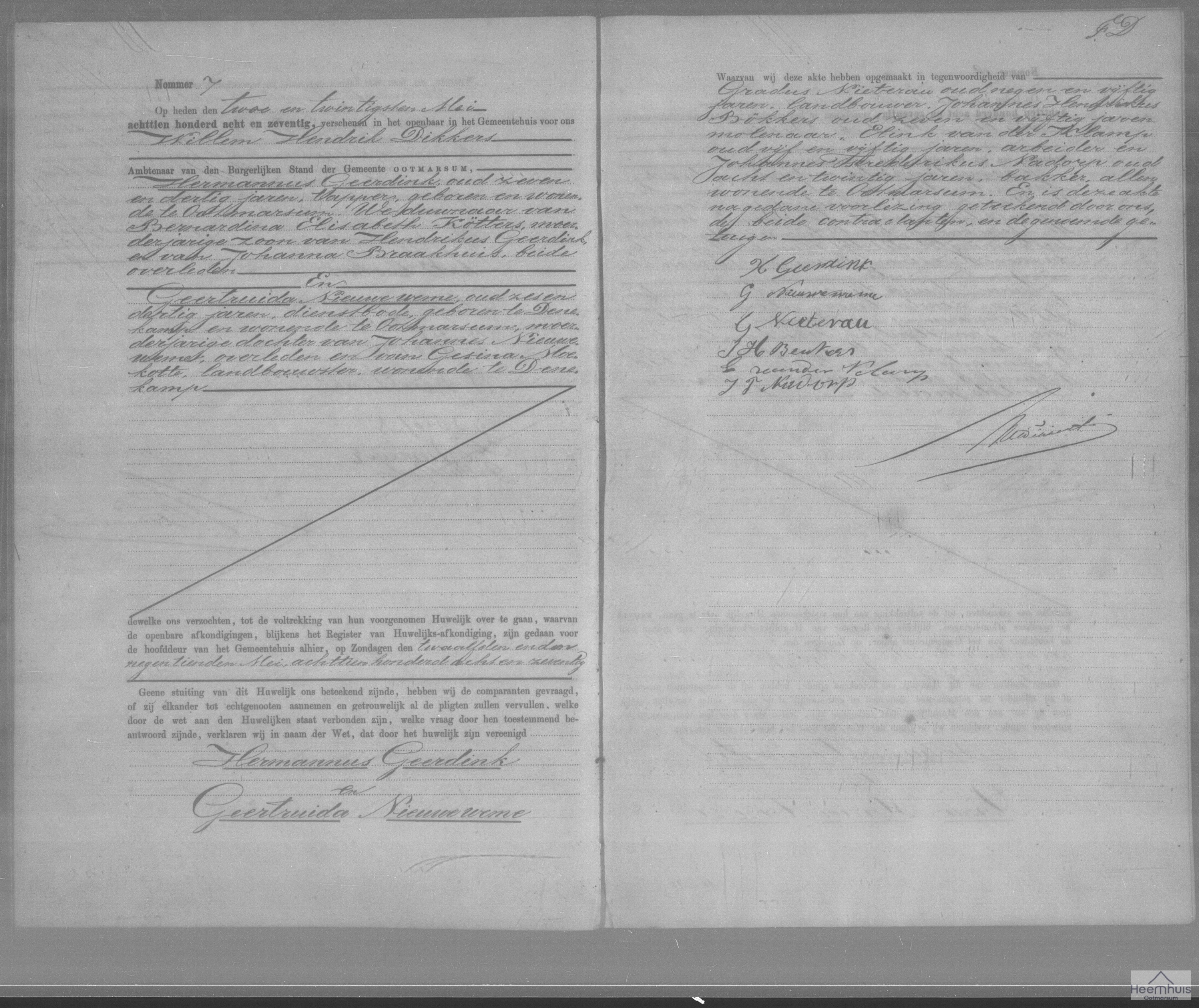 Huwelijksakte van Hermannus Geerdink en Geertruida Nieuweweme