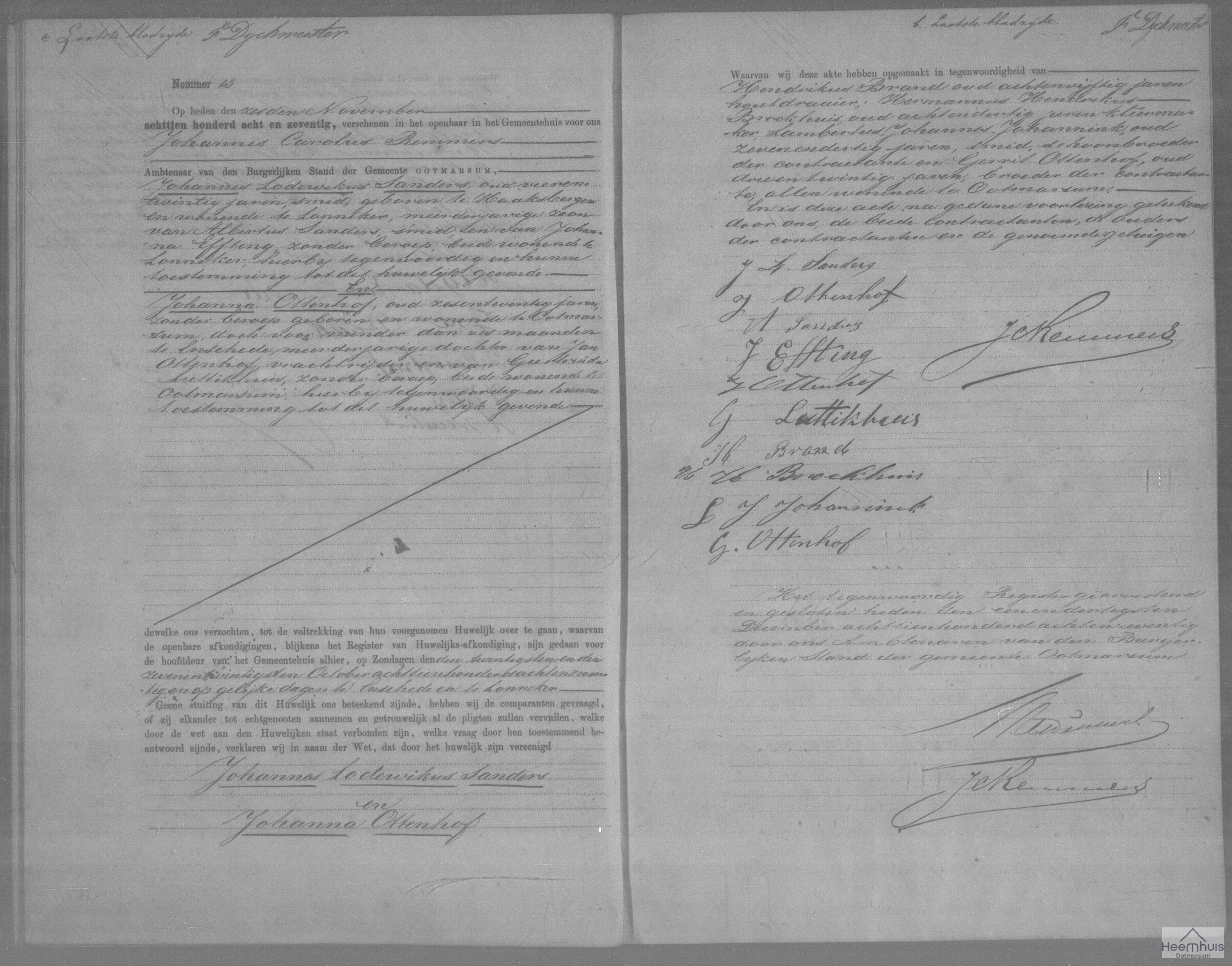 Huwelijksakte van Johannes Lodewikus Sanders en Johanna Ottenhof