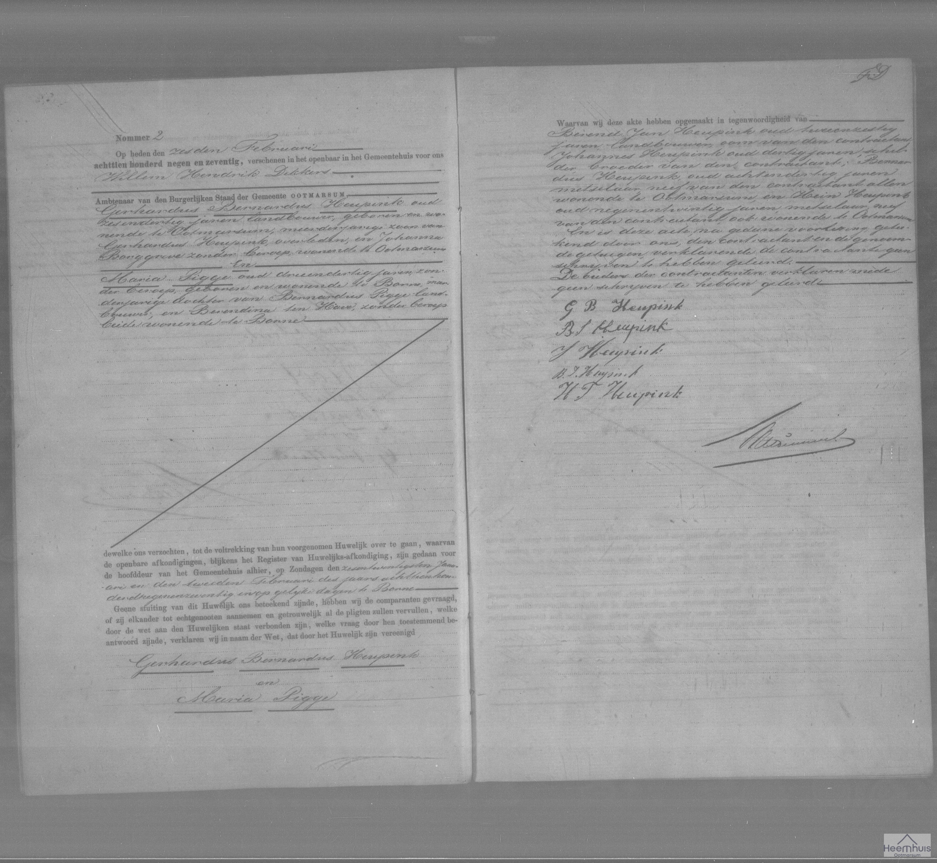 Huwelijksakte van Gerhardus Bernardus Heupink en Maria Pigge