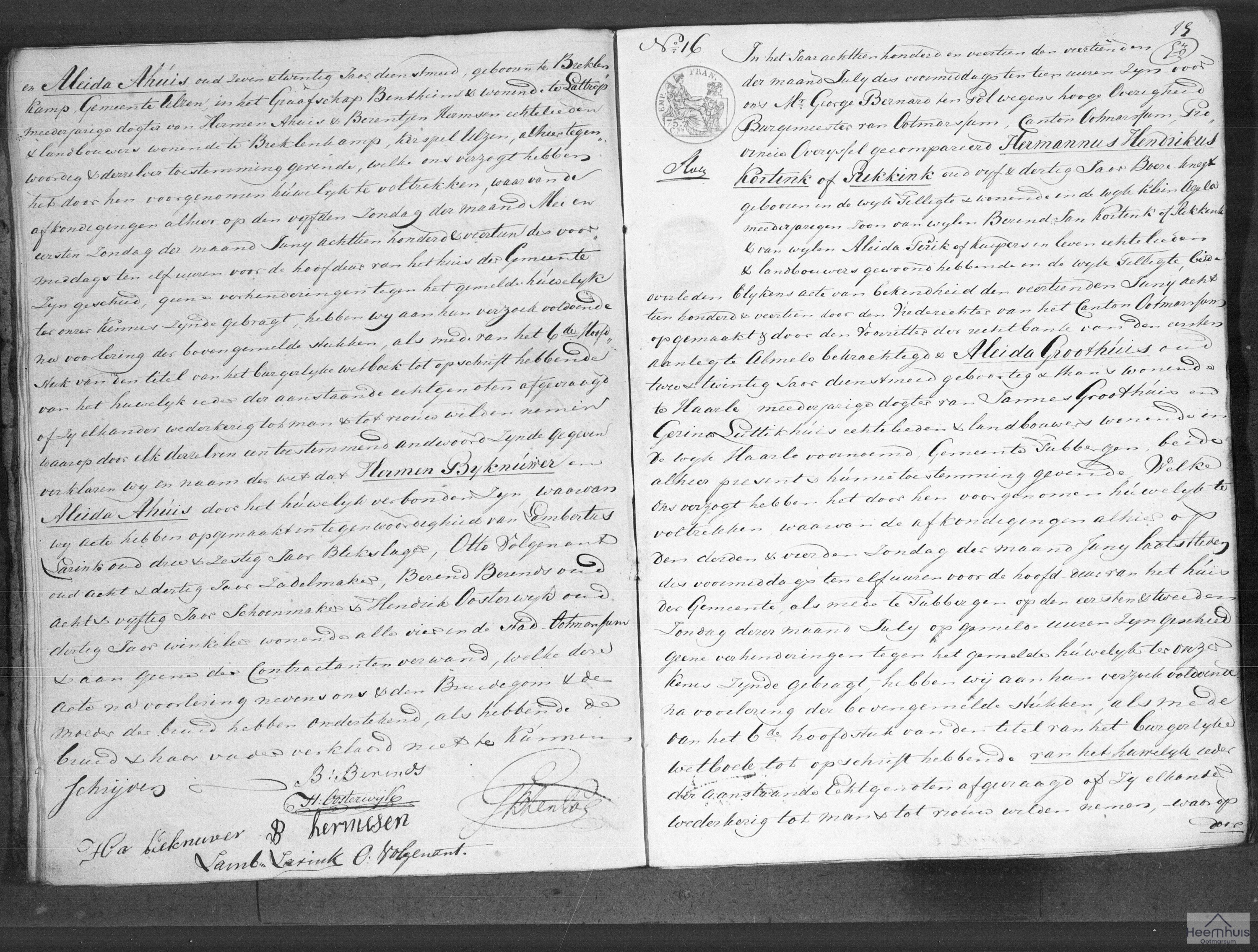 Huwelijksakte van Hermannus Hendrikus Kortink of Rikkink en Aleida Groothuis