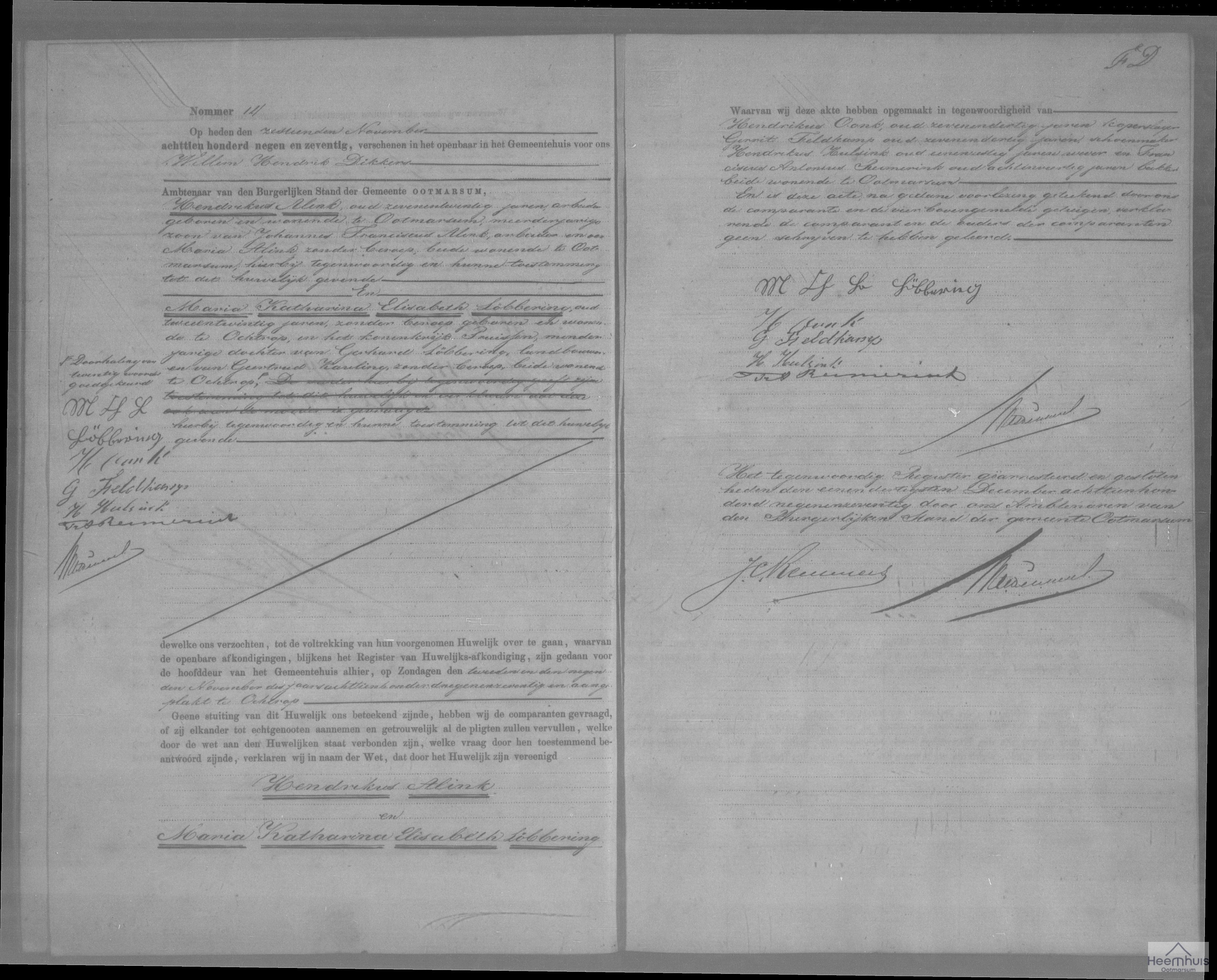 Huwelijksakte van Hendrikus Alink en Maria Katharina Elisabeth Löbbering