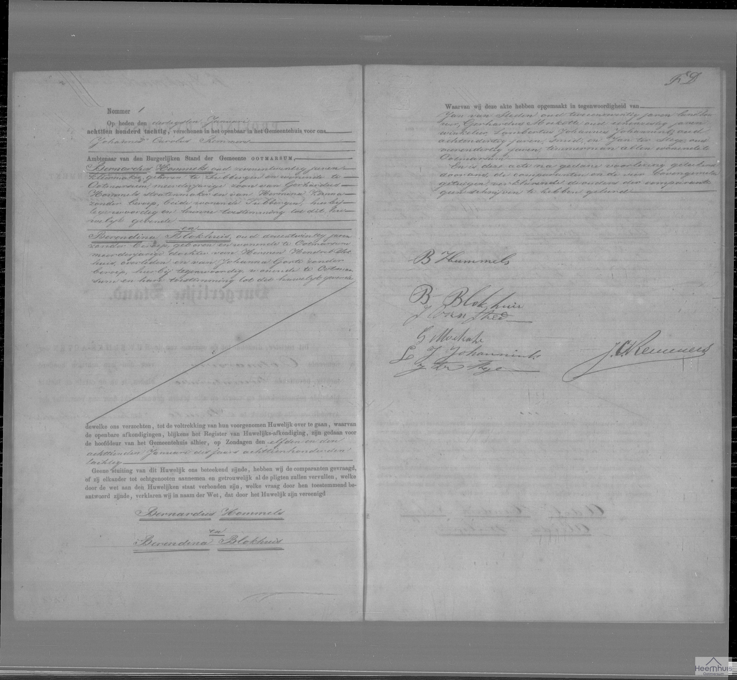 Huwelijksakte van Bernardus Hommels en Berendina Blokhuis Huwelijksakte van Bernardus Hommels en Berendina Blokhuis