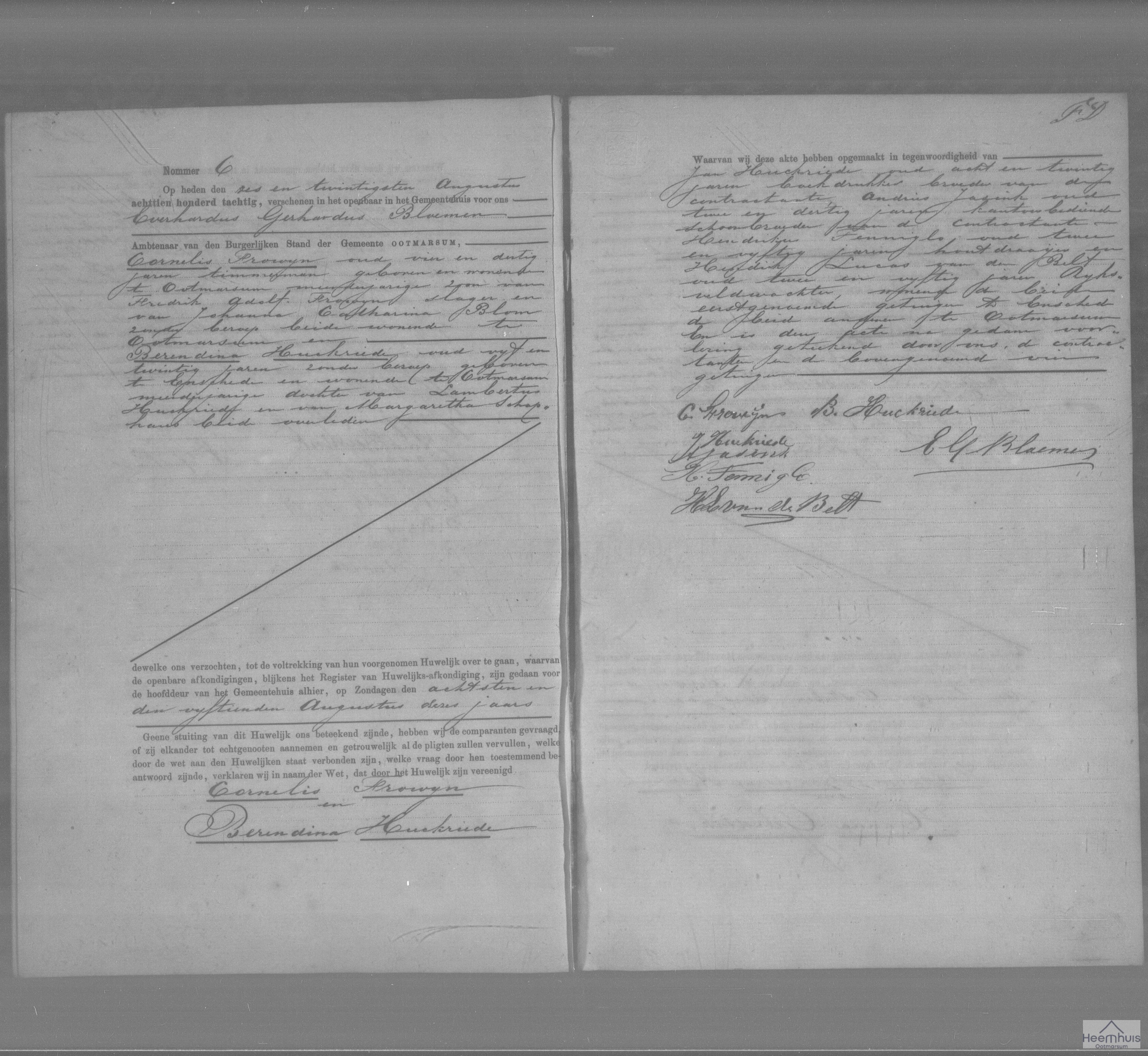 Huwelijksakte van Cornelis Frowijn en Berendina Huckriede