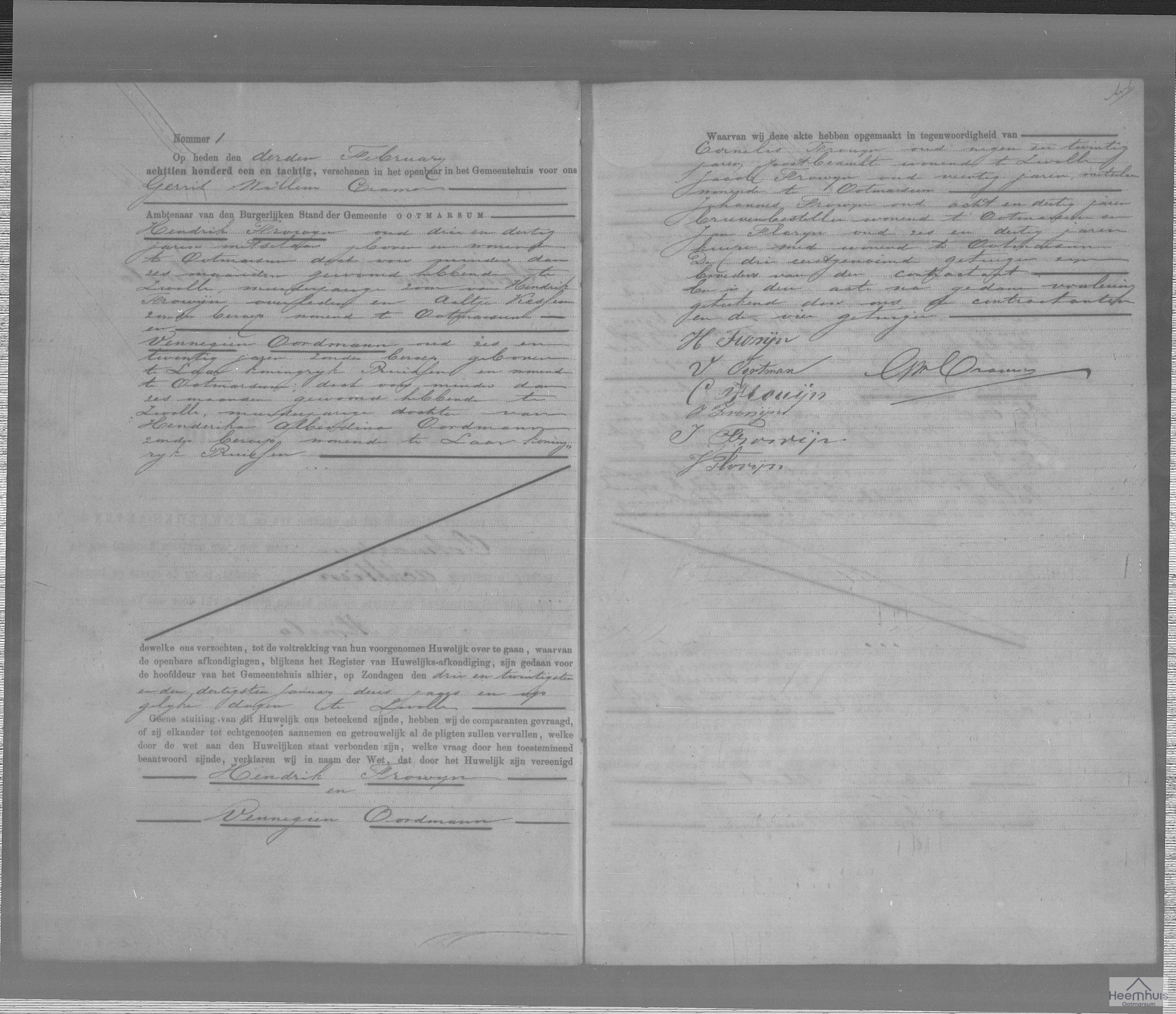 Huwelijksakte van Hendrik Frowijn en Vennegien Oordmann