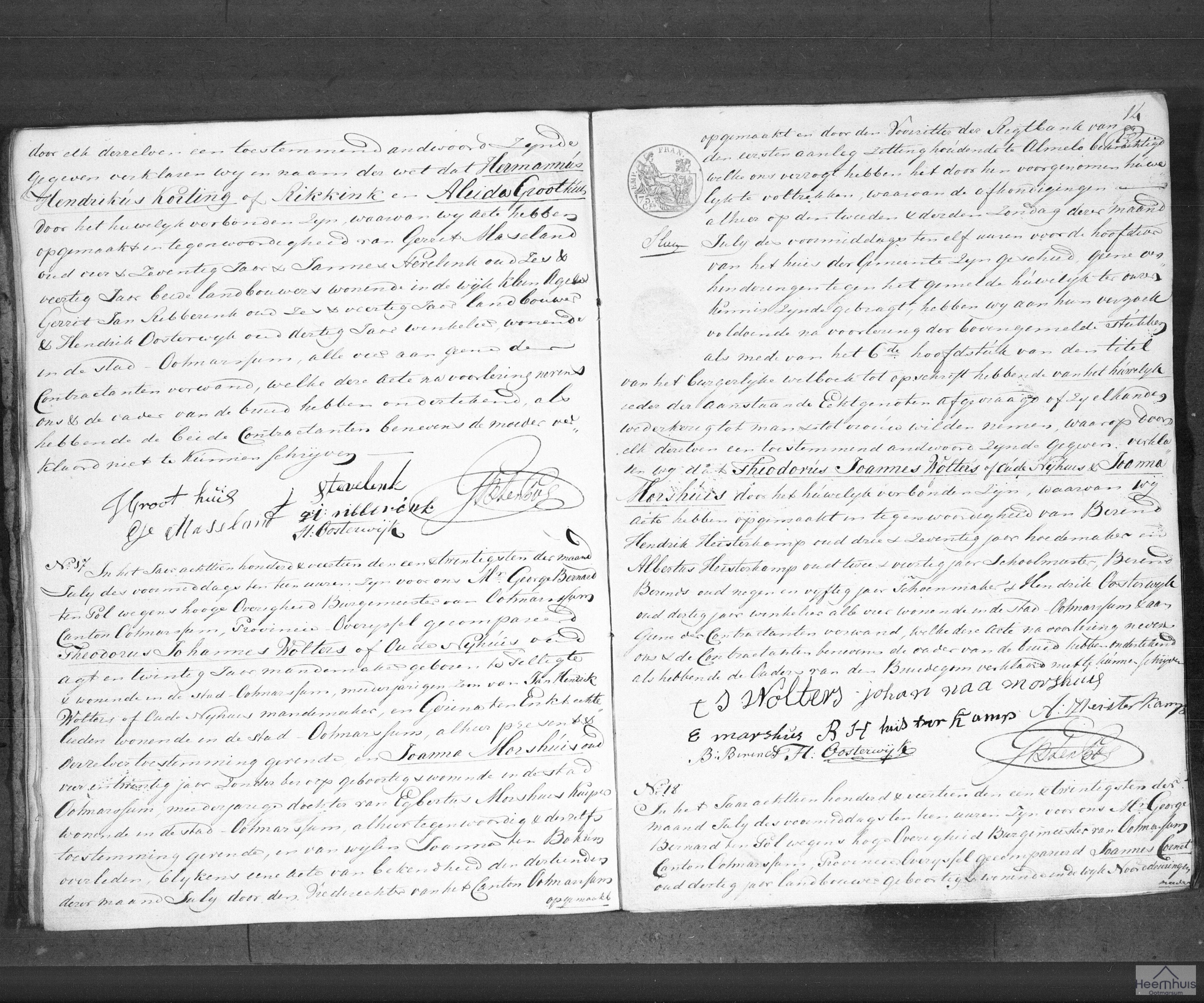 Huwelijksakte van Theodorus Johannes Wolters of Oude Nijhuis en Joanna Morshuis