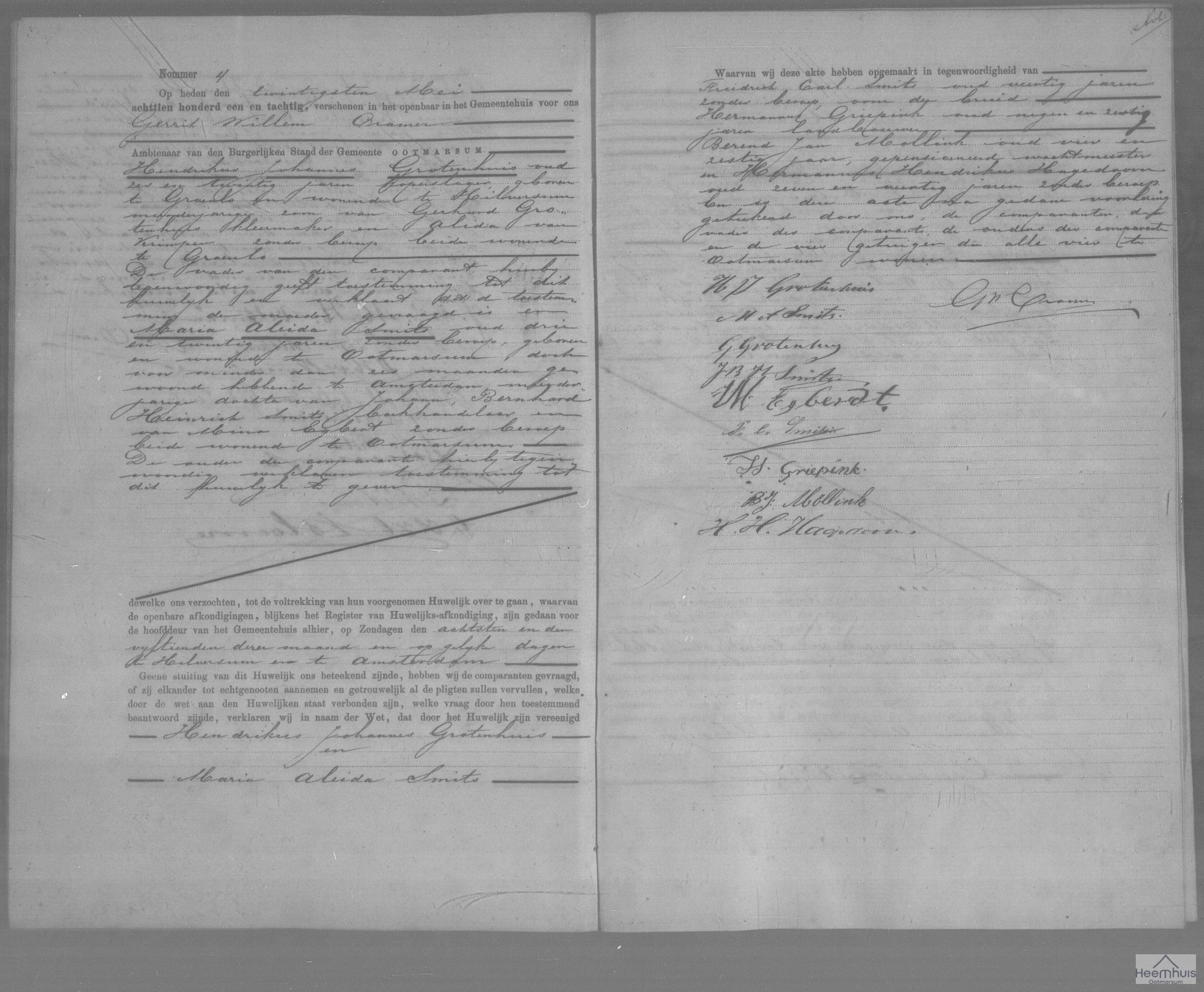 Huwelijksakte van Hendrikus Johannes Grotenhuis en Maria Aleida Smits