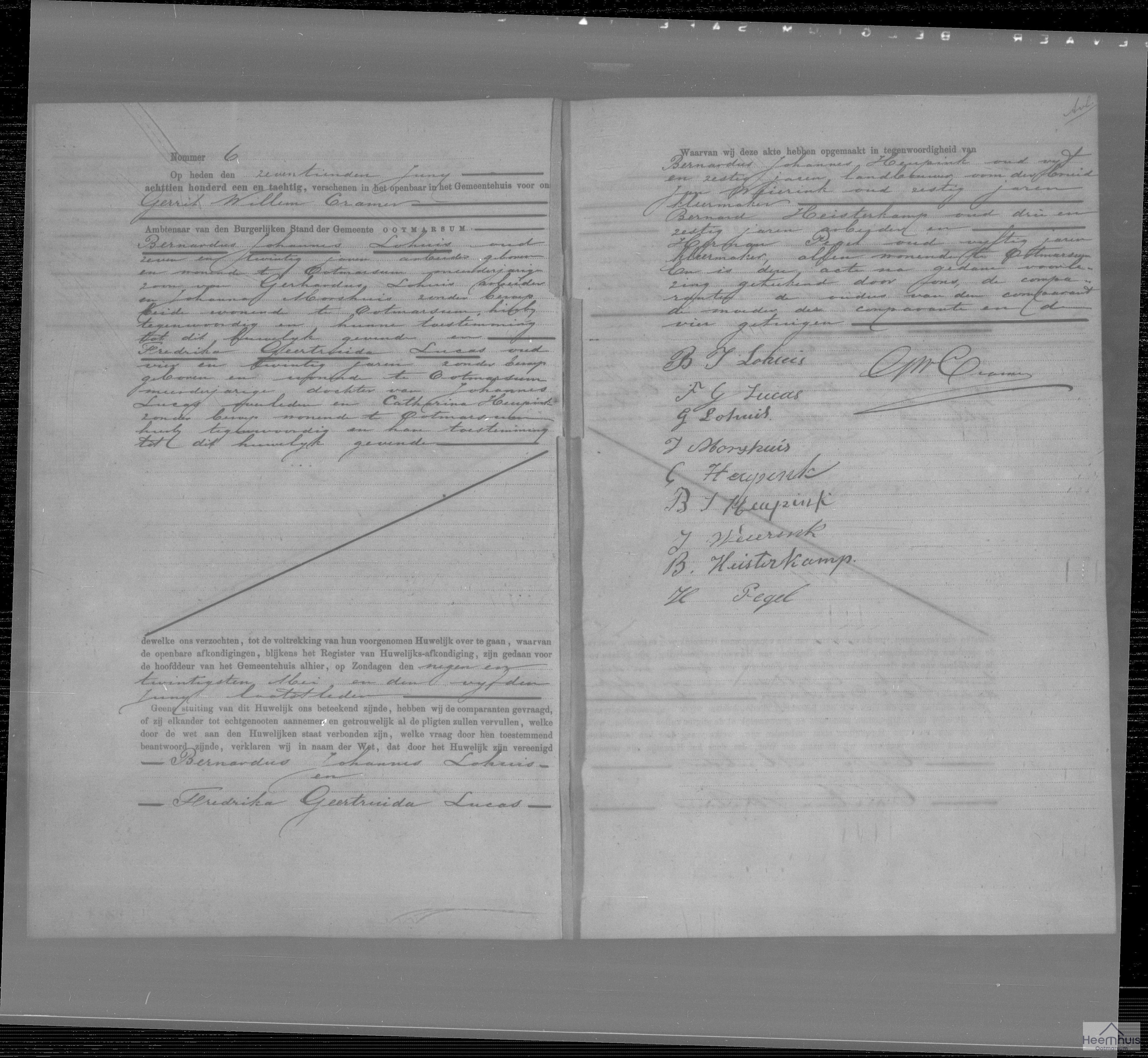 Huwelijksakte van Bernardus Johannes Lohuis en Fredrika Geertruida Lucas Huwelijksakte van Bernardus Johannes Lohuis en Fredrika Geertruida Lucas