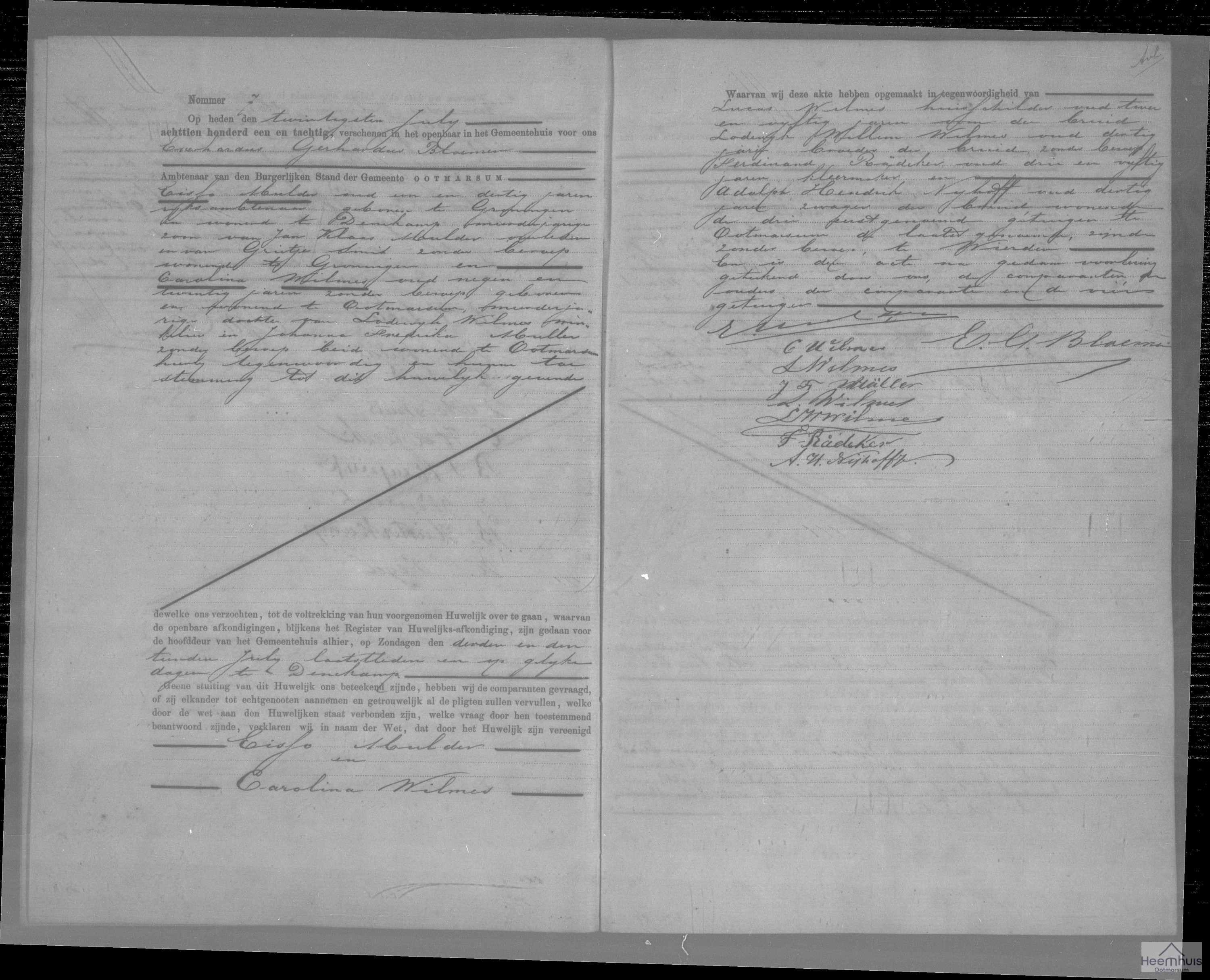 Huwelijksakte van Eisso Mulder en Carolina Wilmes Huwelijksakte van Eisso Mulder en Carolina Wilmes