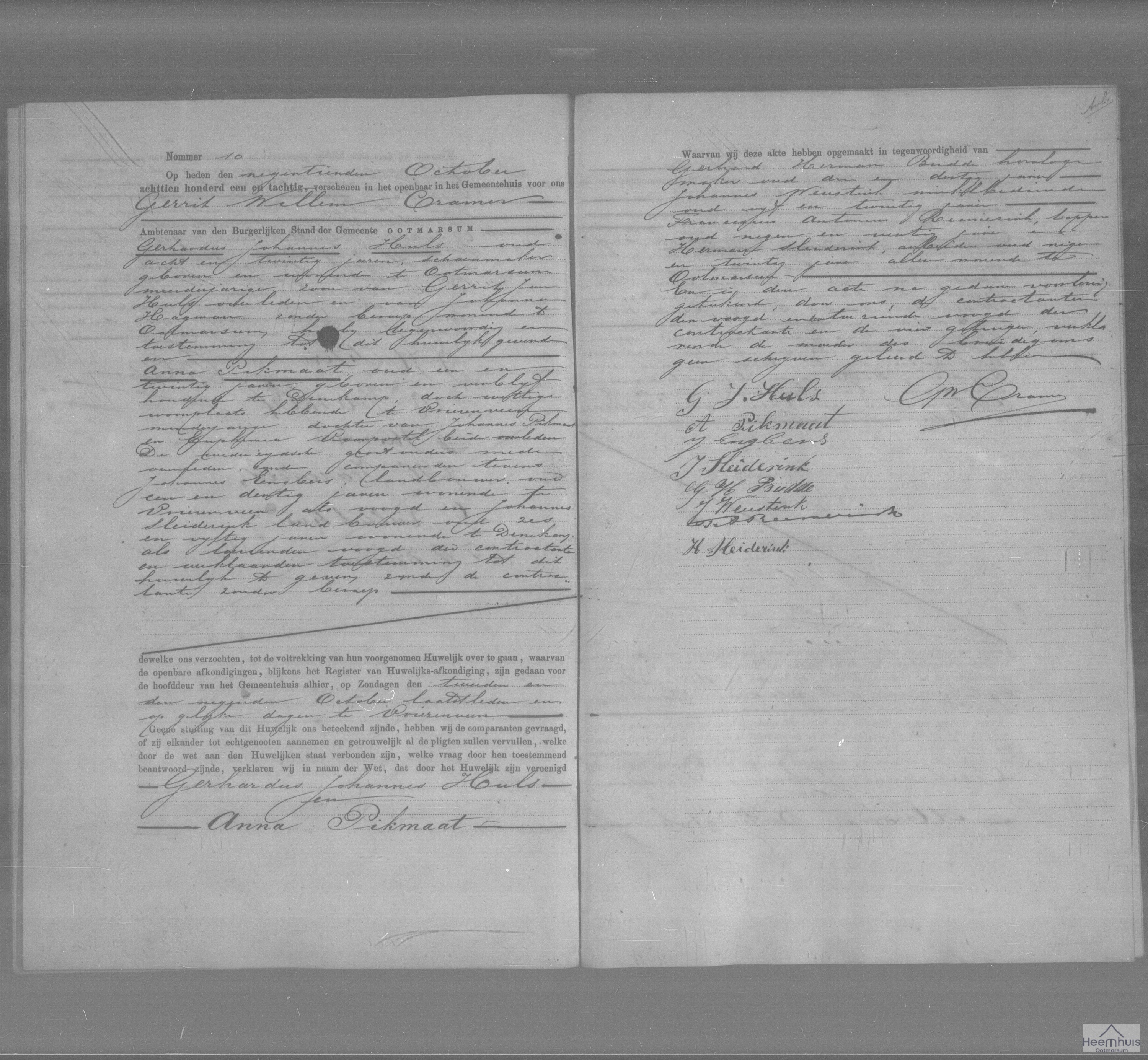 Huwelijksakte van Gerhardus Johannes Huls en Anna Pikmaat