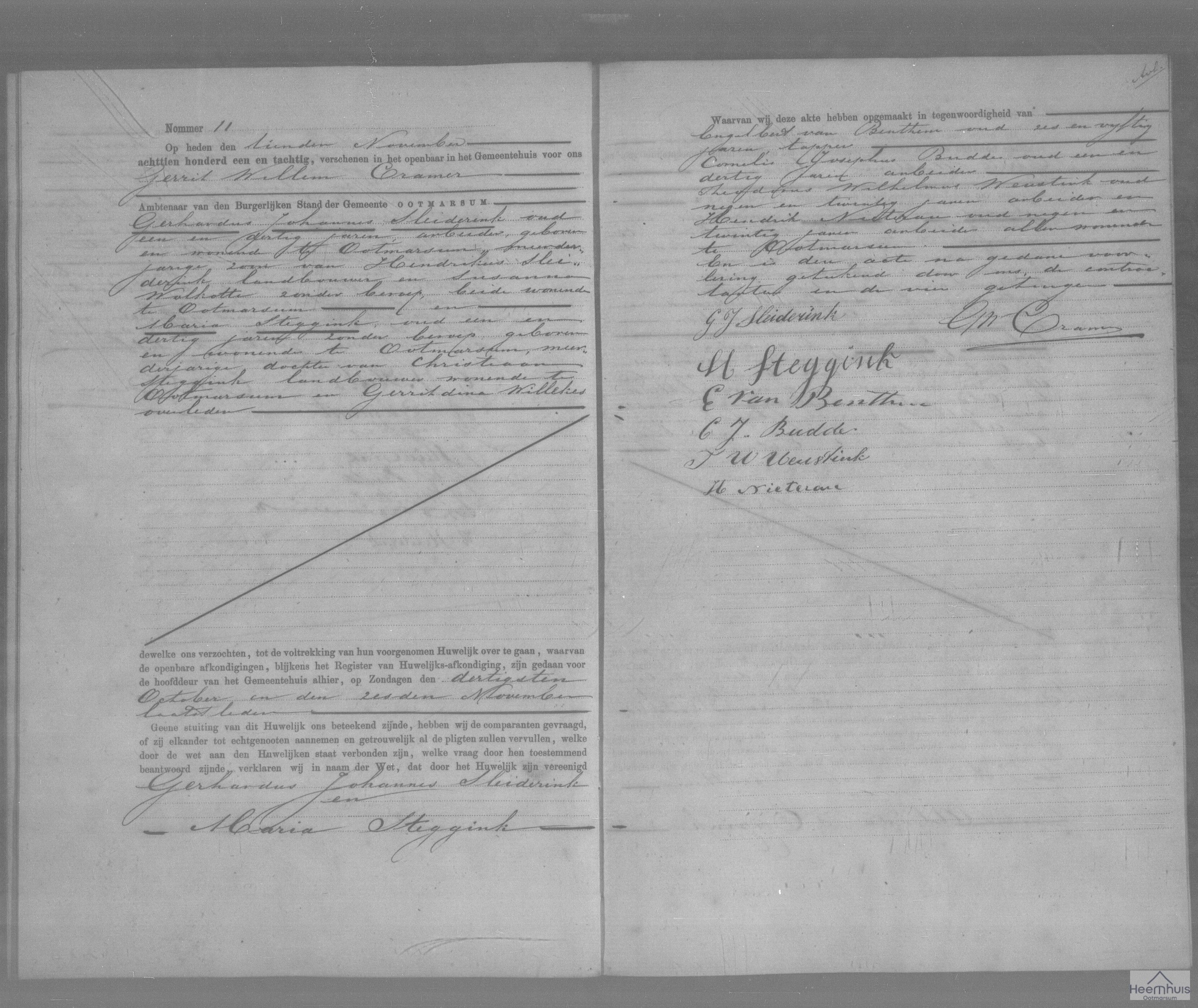 Huwelijksakte van Gerhardus Johannes Sleiderink en Maria Steggink
