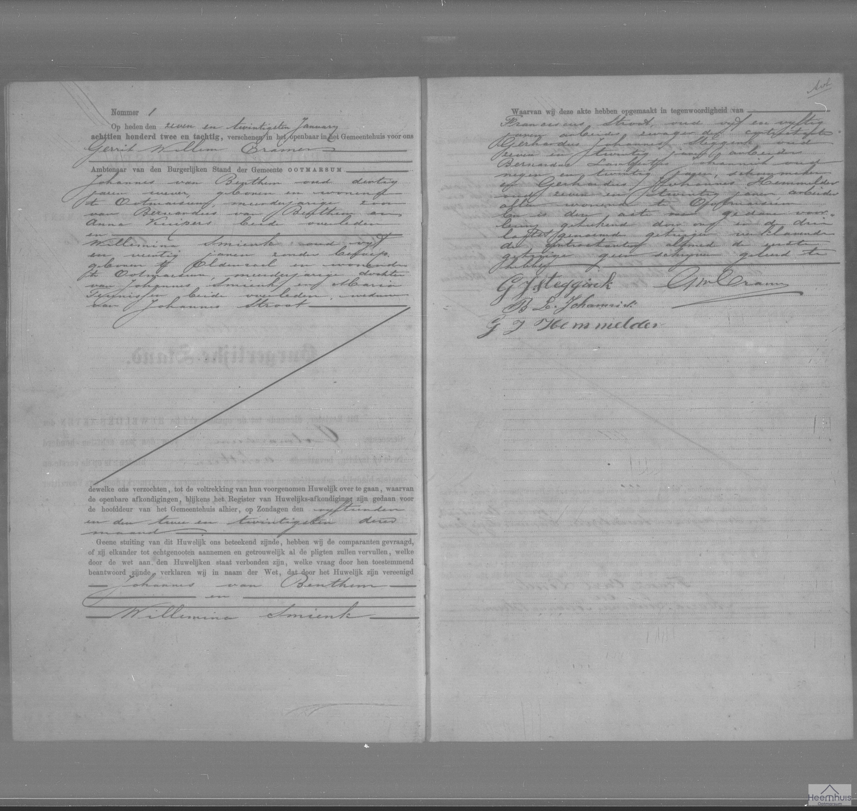 Huwelijksakte van Johannes van Benthem en Willemina Smienk