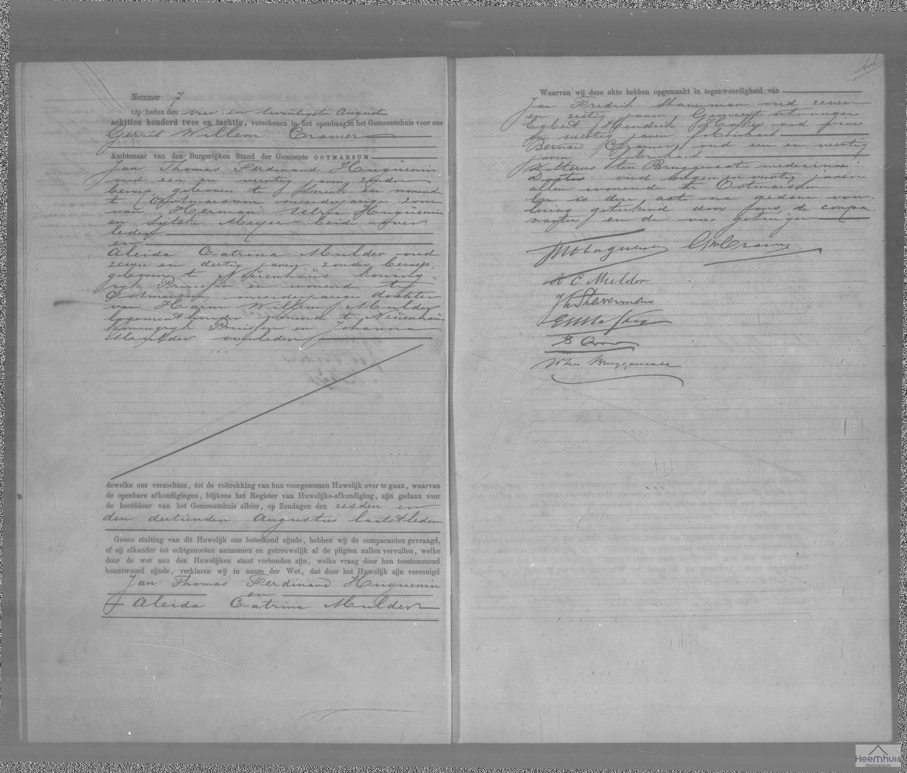 Huwelijksakte van Jan Thomas Ferdinand Huguenin en Aleida Catrina Mulder