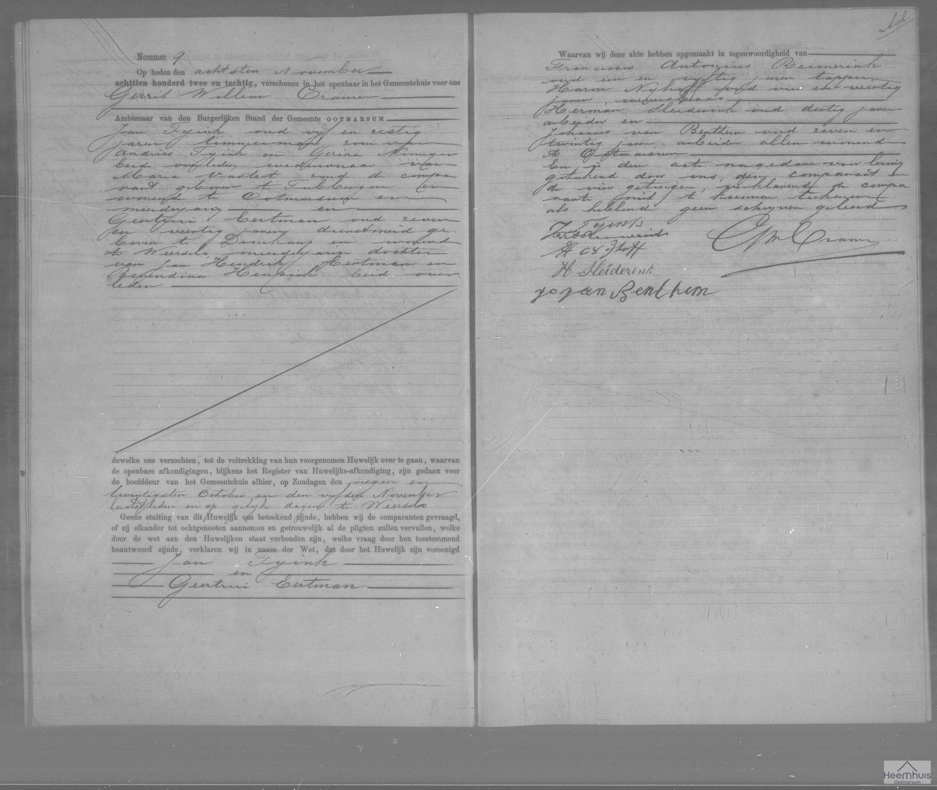 Huwelijksakte van Jan Tijink en Geertrui Eertman