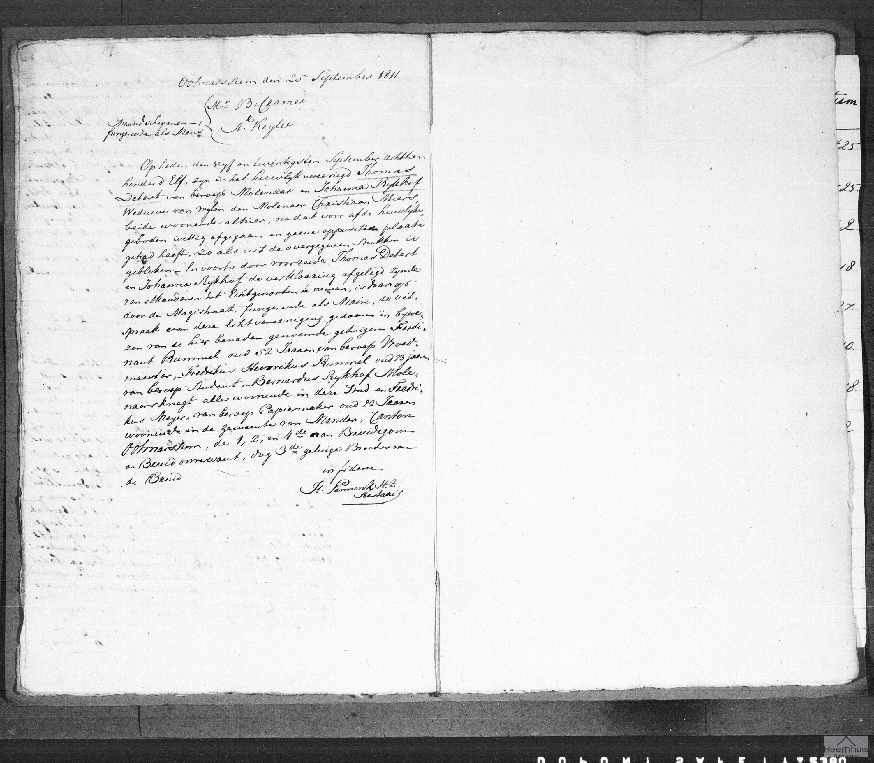 Huwelijksakte van Thomas Detert en Johanna Rijkhof