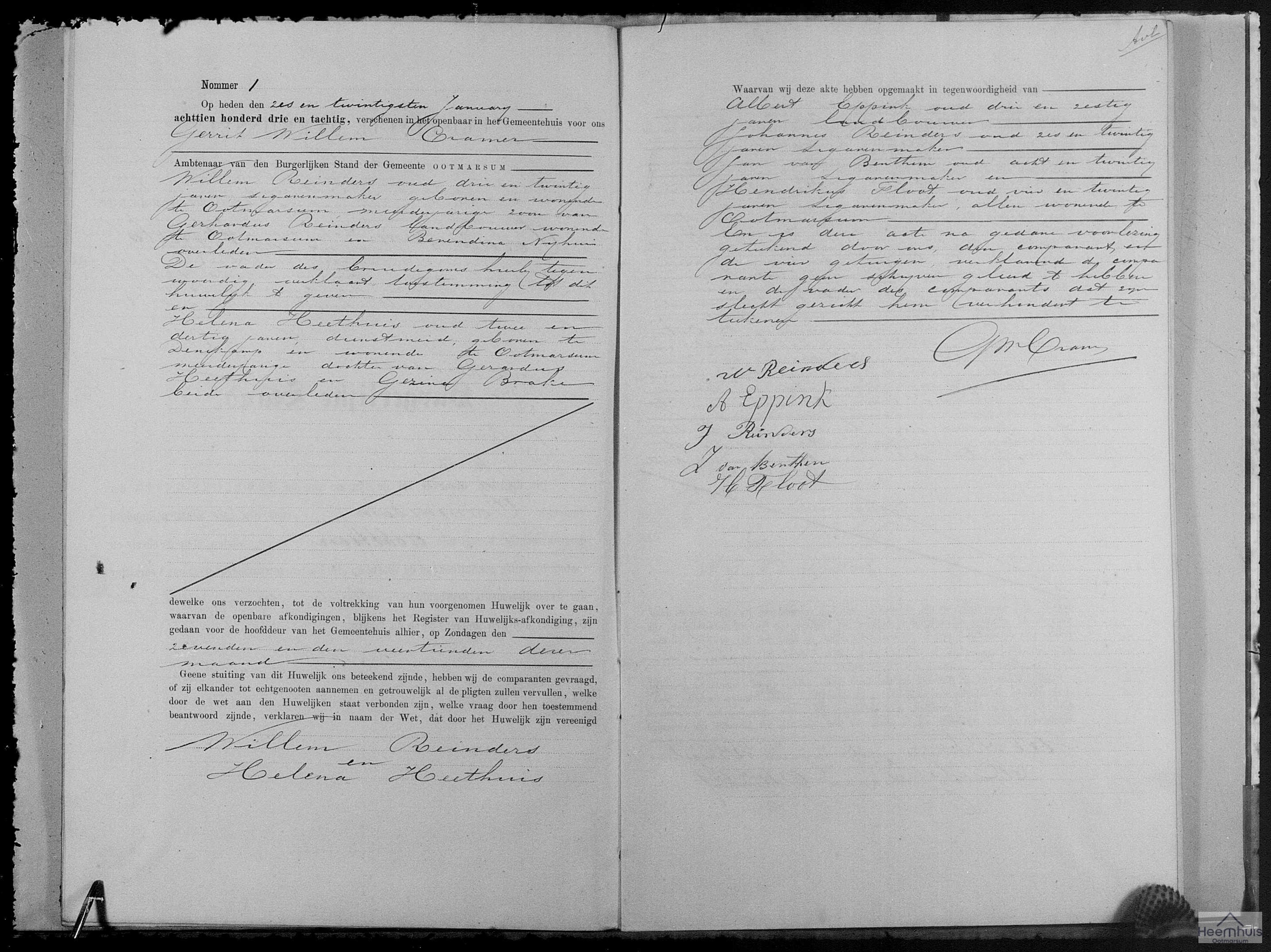 Huwelijksakte van Willem Reinders en Helena Heethuis Huwelijksakte van Willem Reinders en Helena Heethuis