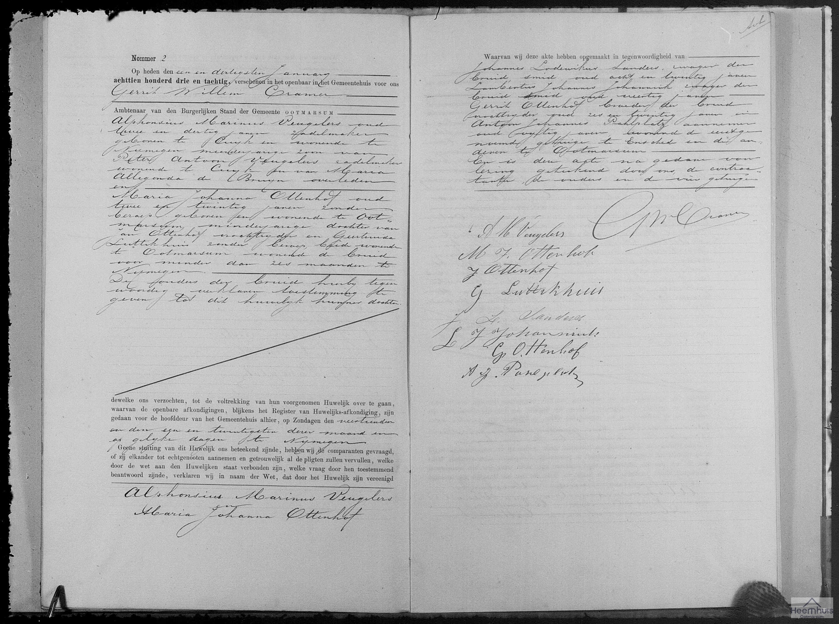 Huwelijksakte van Alphonsius Marinus Veugelers en Maria Johanna Ottenhof