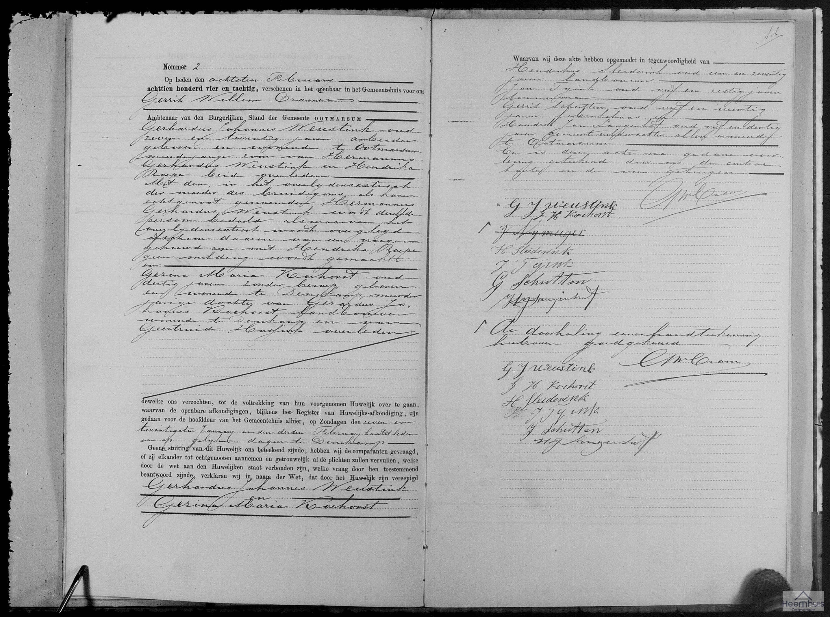 Huwelijksakte van Gerhardus Johannes Weustink en Gezina Maria Koehorst