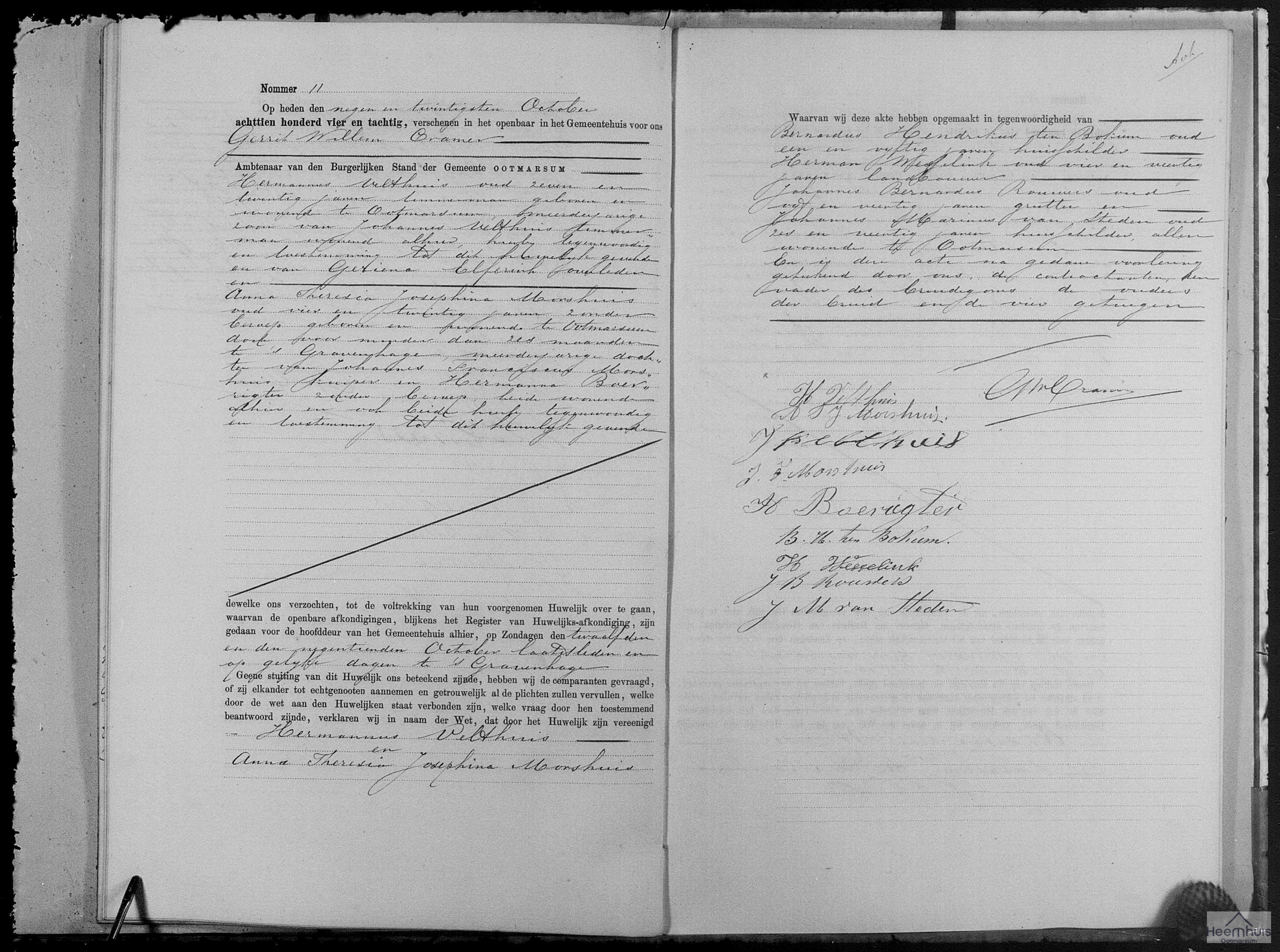 Huwelijksakte van Hermannus Velthuis en Anna Theresia Josephina Morshuis