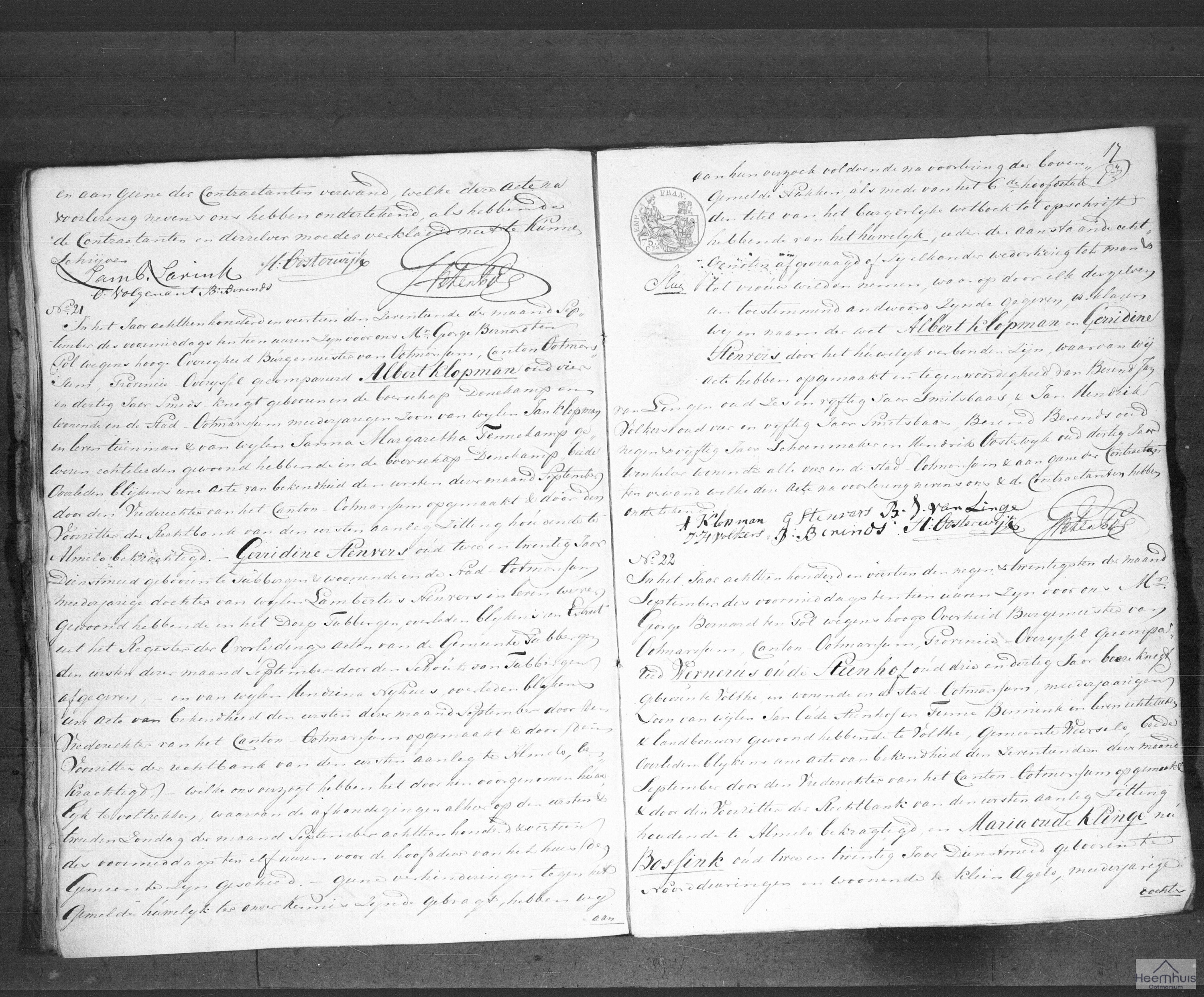 Huwelijksakte van Wernerus Oude Steenhof en Maria Oude Klinge nu Bossink