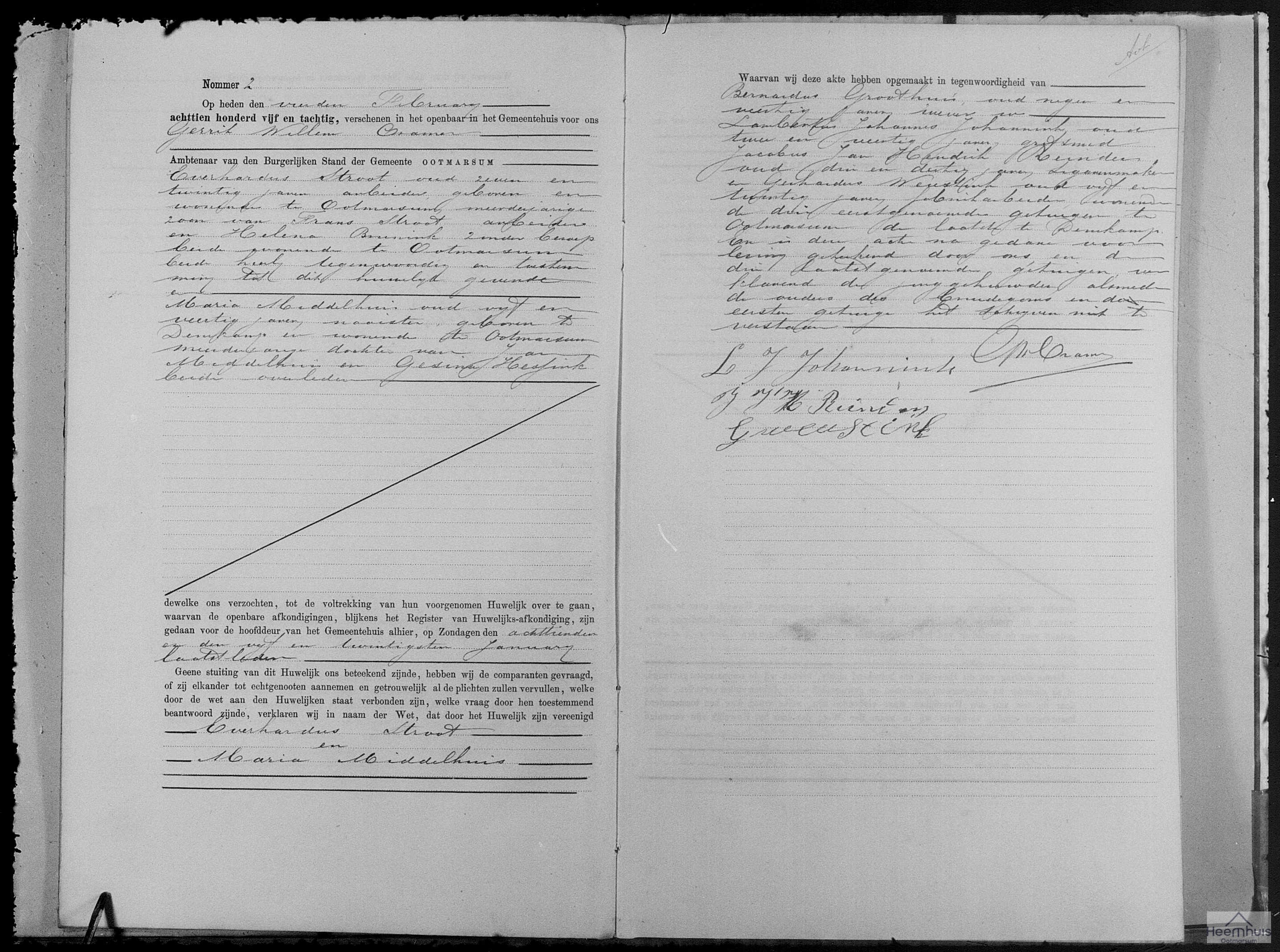 Huwelijksakte van Everhardus Stroot en Maria Middelhuis